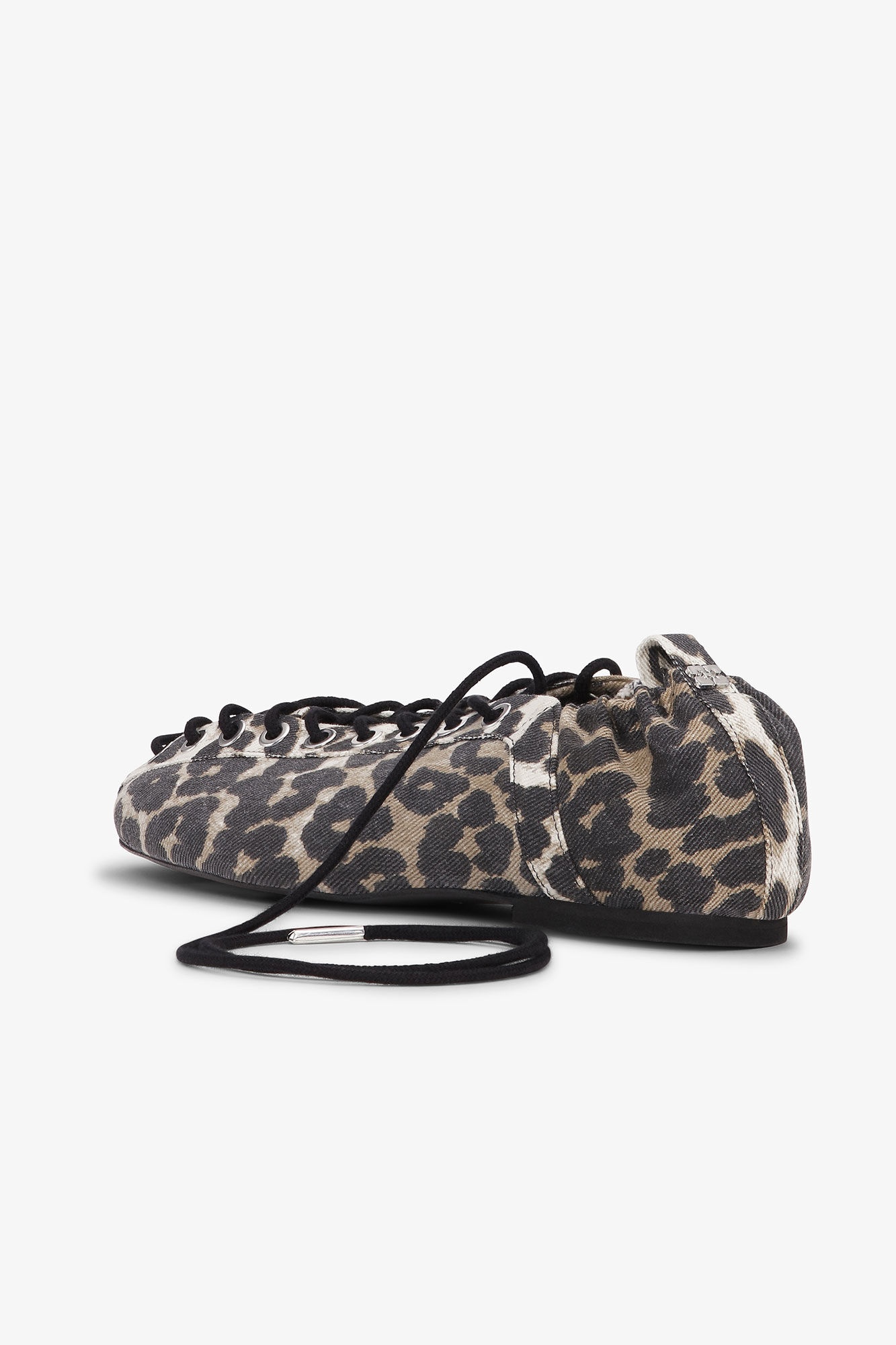 LEOPARD PRINTED DENIM EYELETS LACE UP BALLERINAS - 3