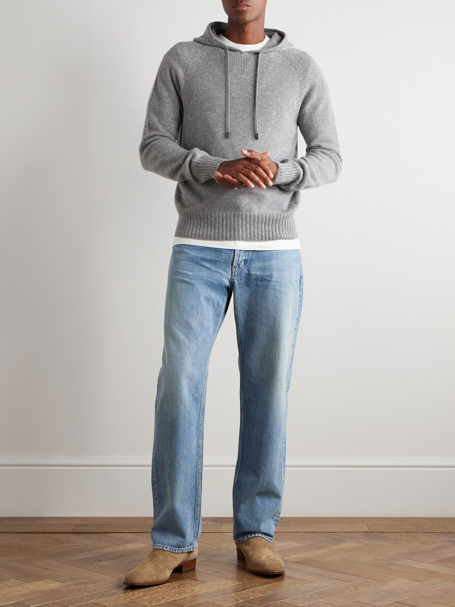 Logo-Embroidered Cashmere Hoodie Gray - 2