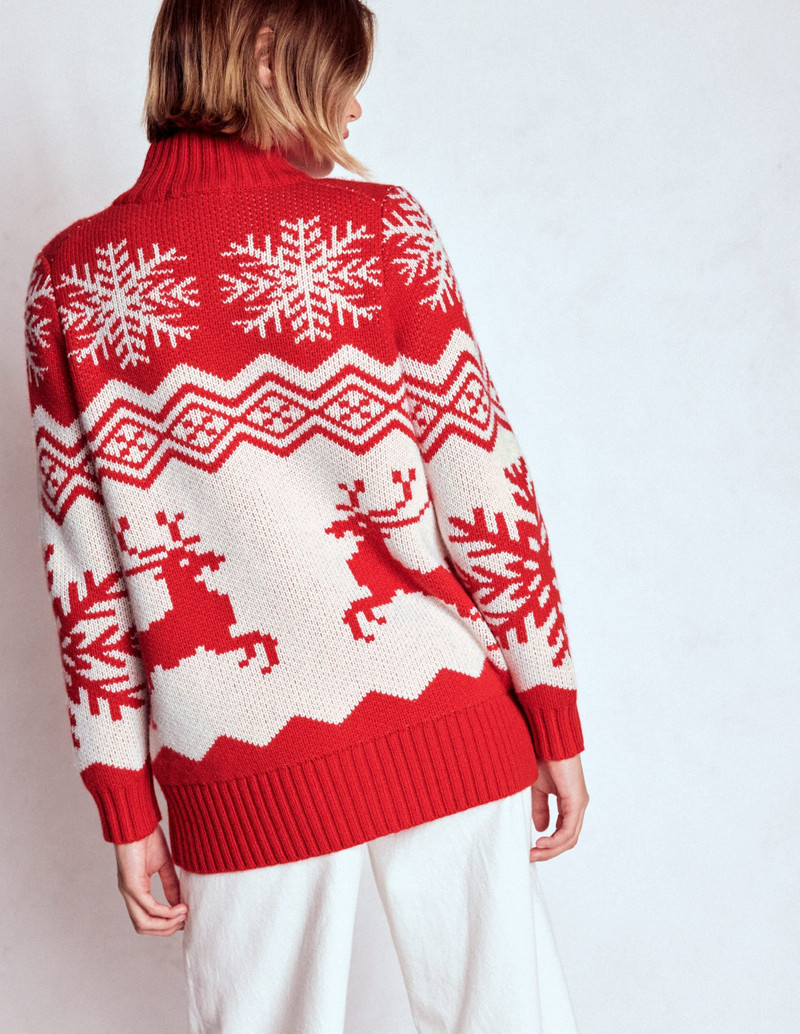 Zip Up Jacquard Cardigan-Poppy Red Reindeer 4