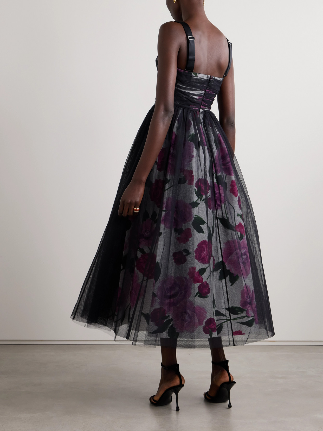 Layered Ruched Tulle And Floral-print Cotton-faille Midi Dress - 3
