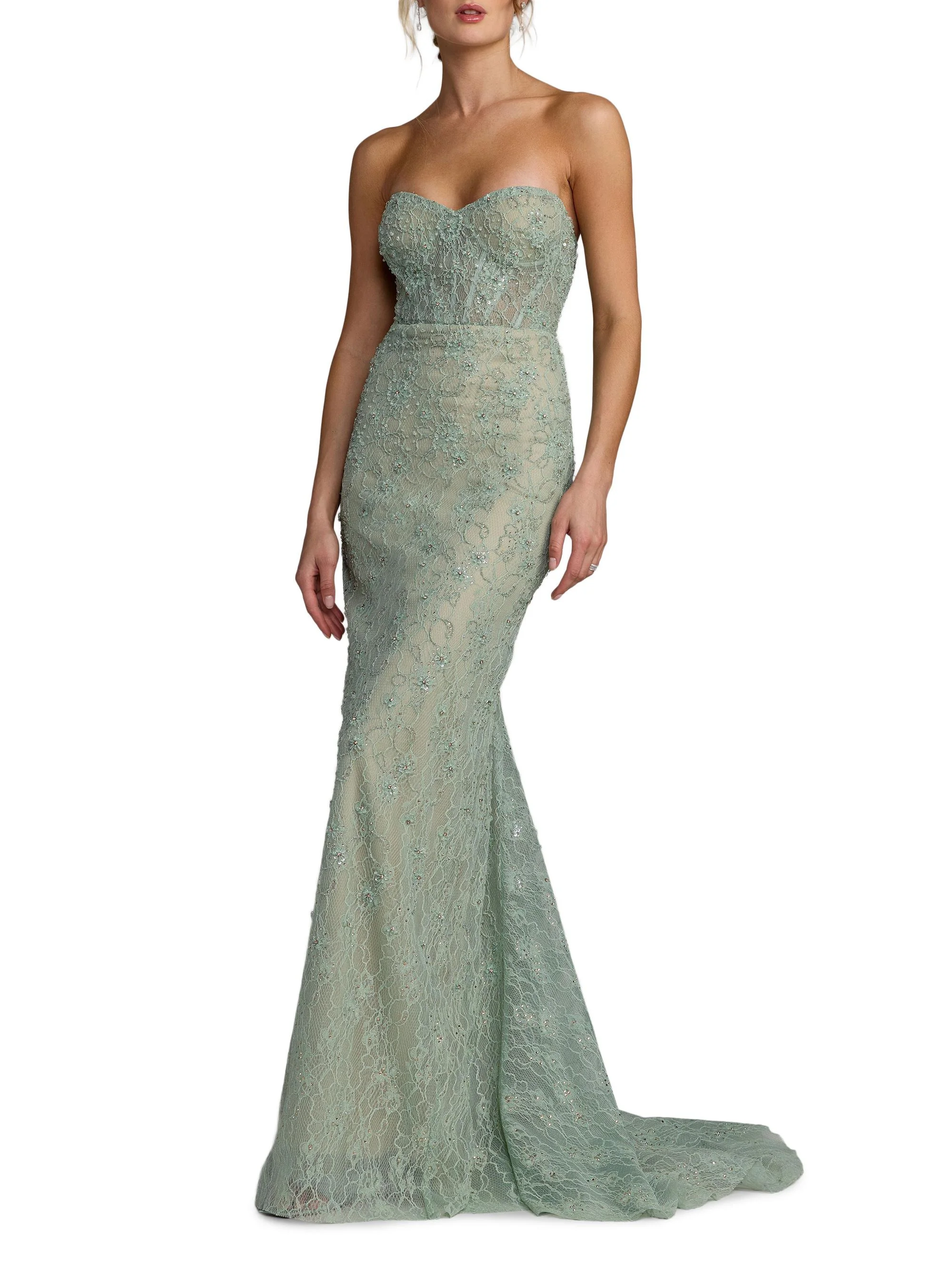 Women's Embellished Floral Lace Strapless Gown - Sage - 1