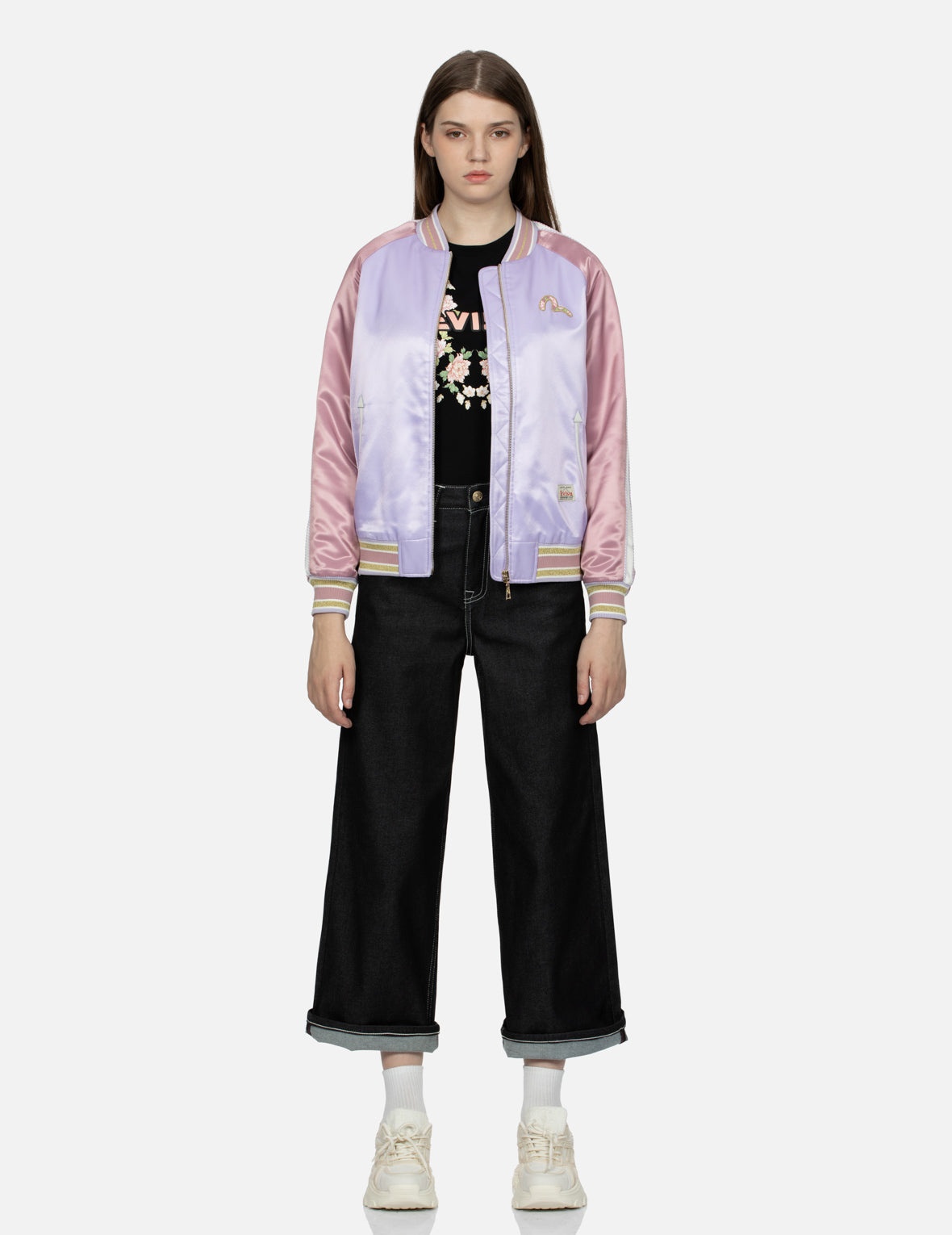 Goldfish and Floral Flow Embroidery Color-blocking Loose Fit Souvenir Jacket - 6