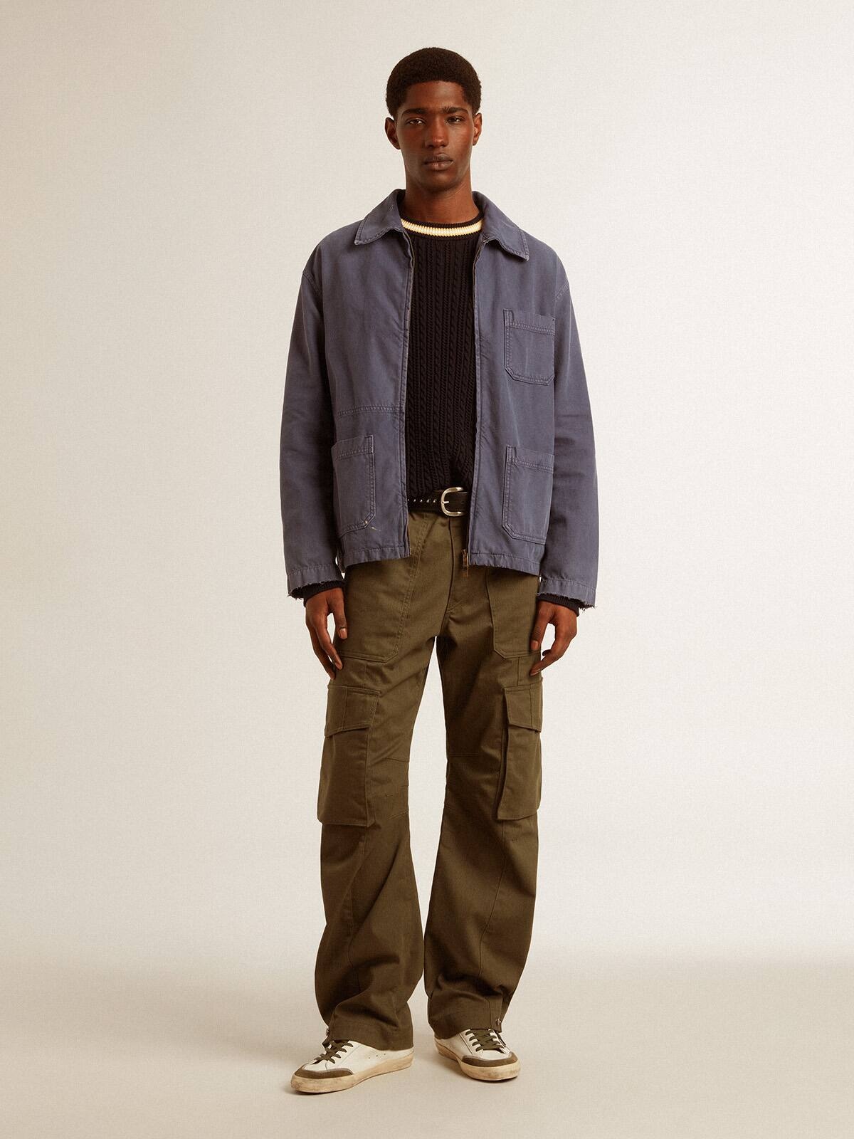 Men’s blue round-neck sweater with contrasting ribbing - 3