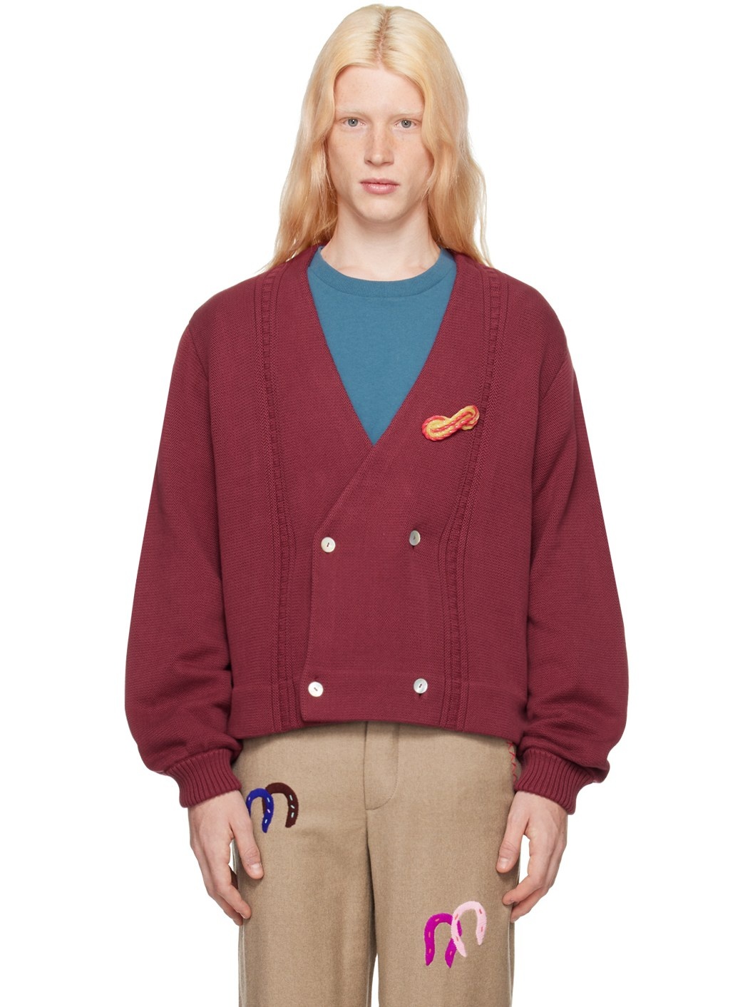 Burgundy Double-Breasted Cardigan - 1