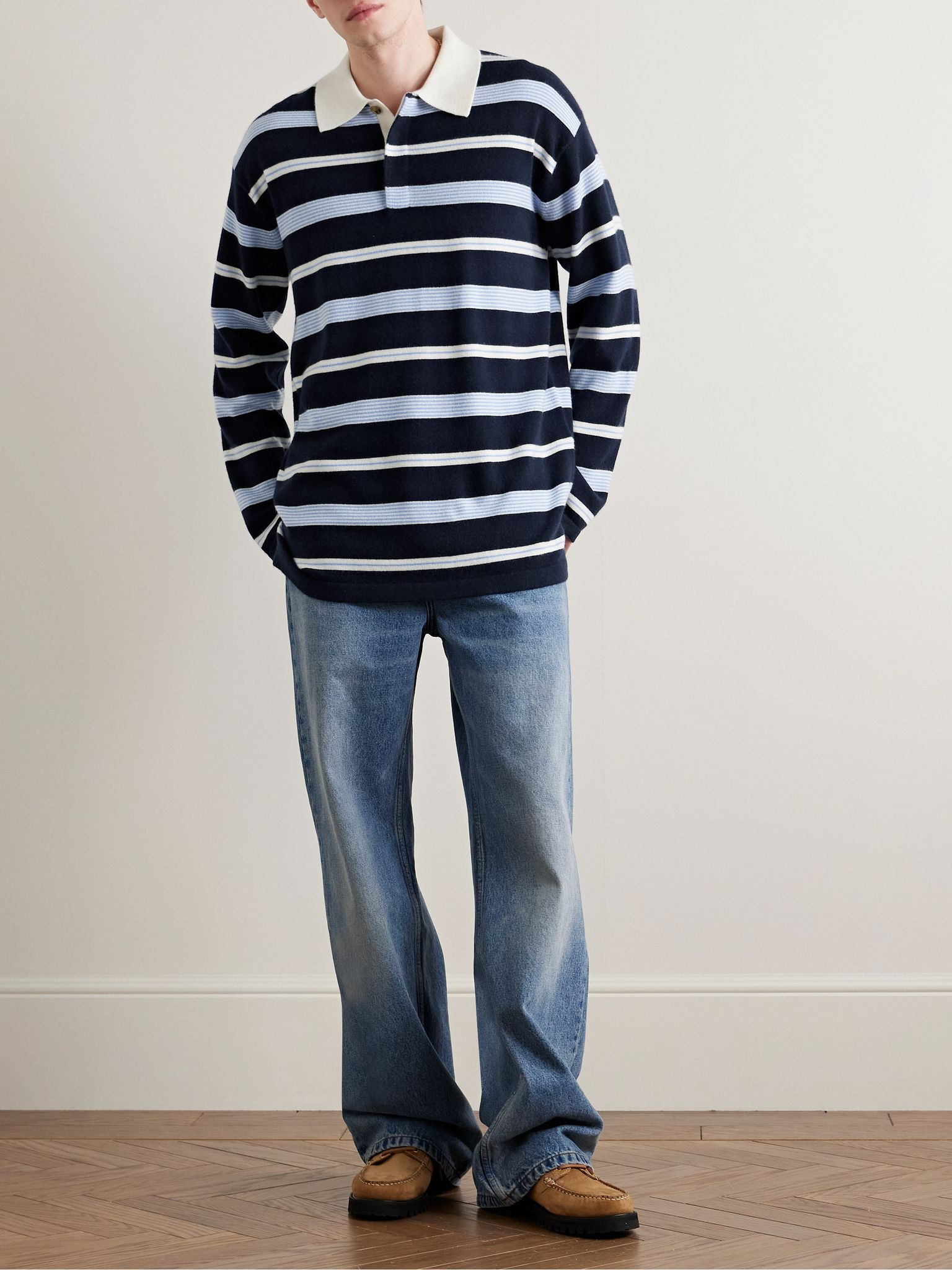 Striped Cashmere Polo Shirt Blue - 2