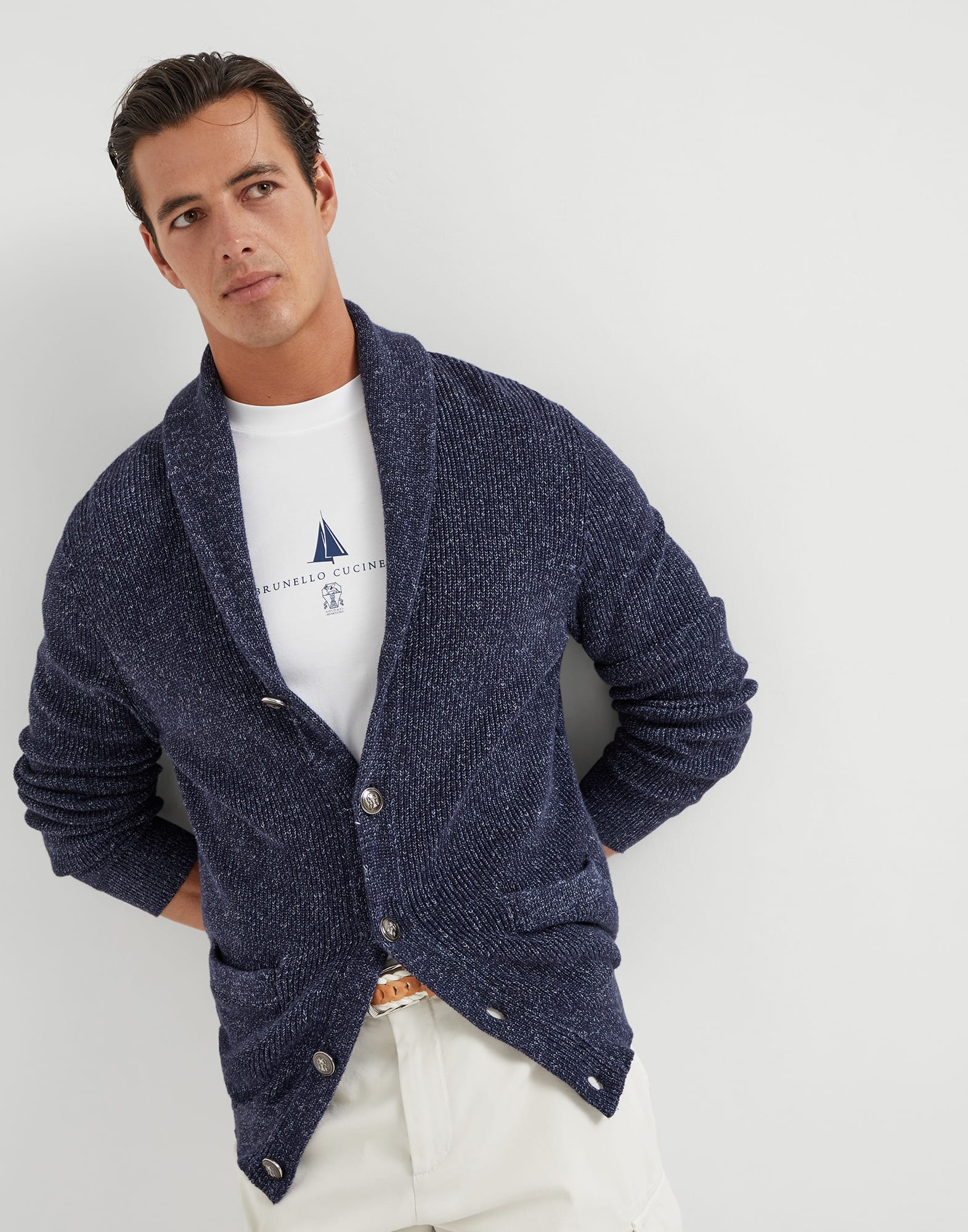 Cotton and linen half English rib chiné cardigan - 4
