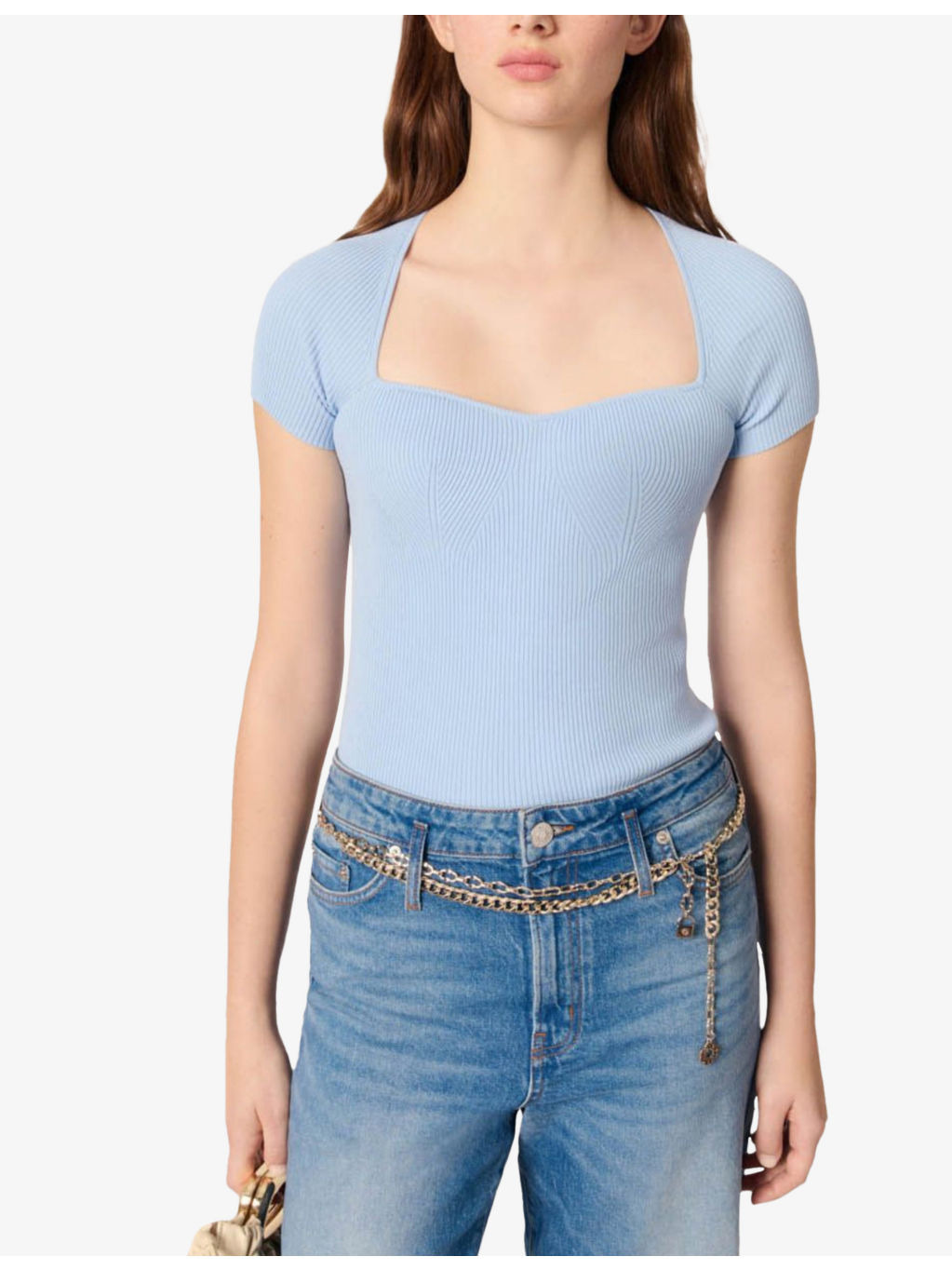 Sweetheart-neck short-sleeve stretch-knit jumper - 3