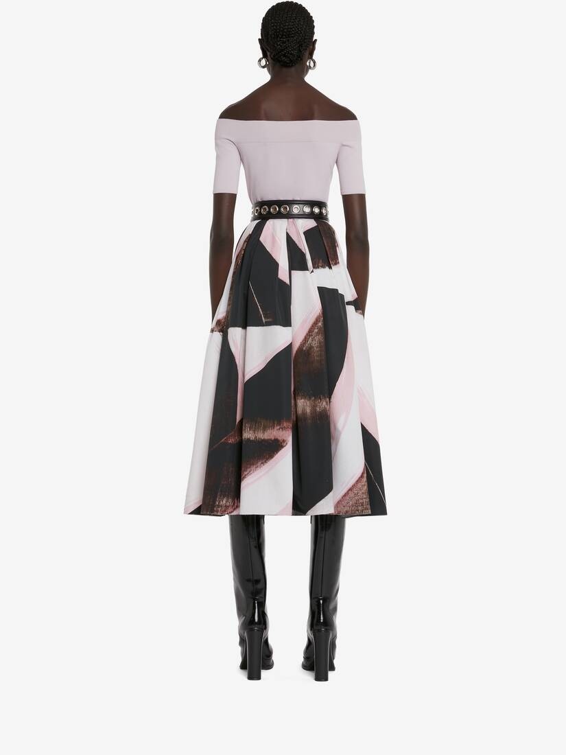 Women's Graphic Brushstroke Gathered Midi Skirt in Black/ivory - 4