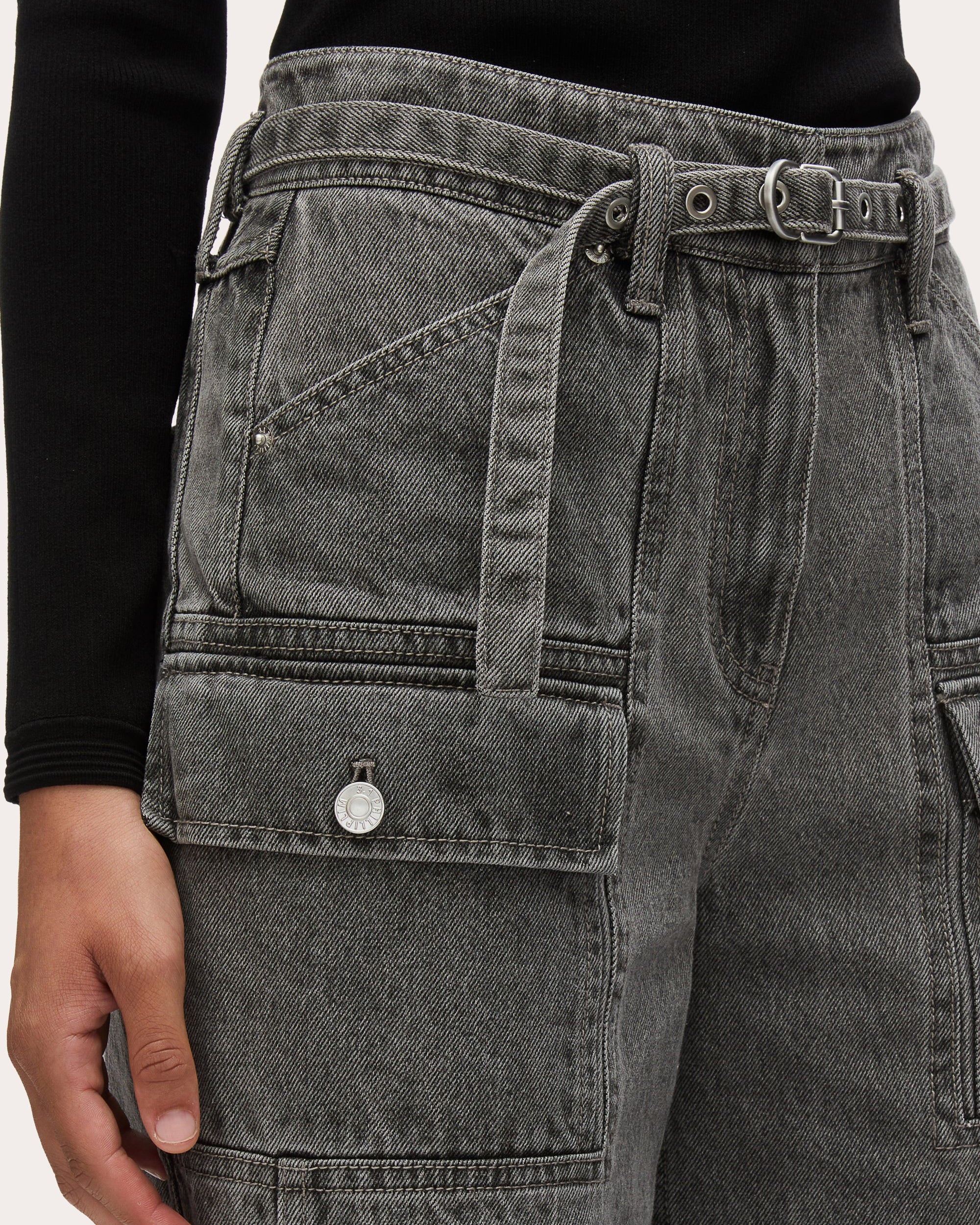 Acid Wash Denim Belted Cargo Wide-Leg Jeans - 4