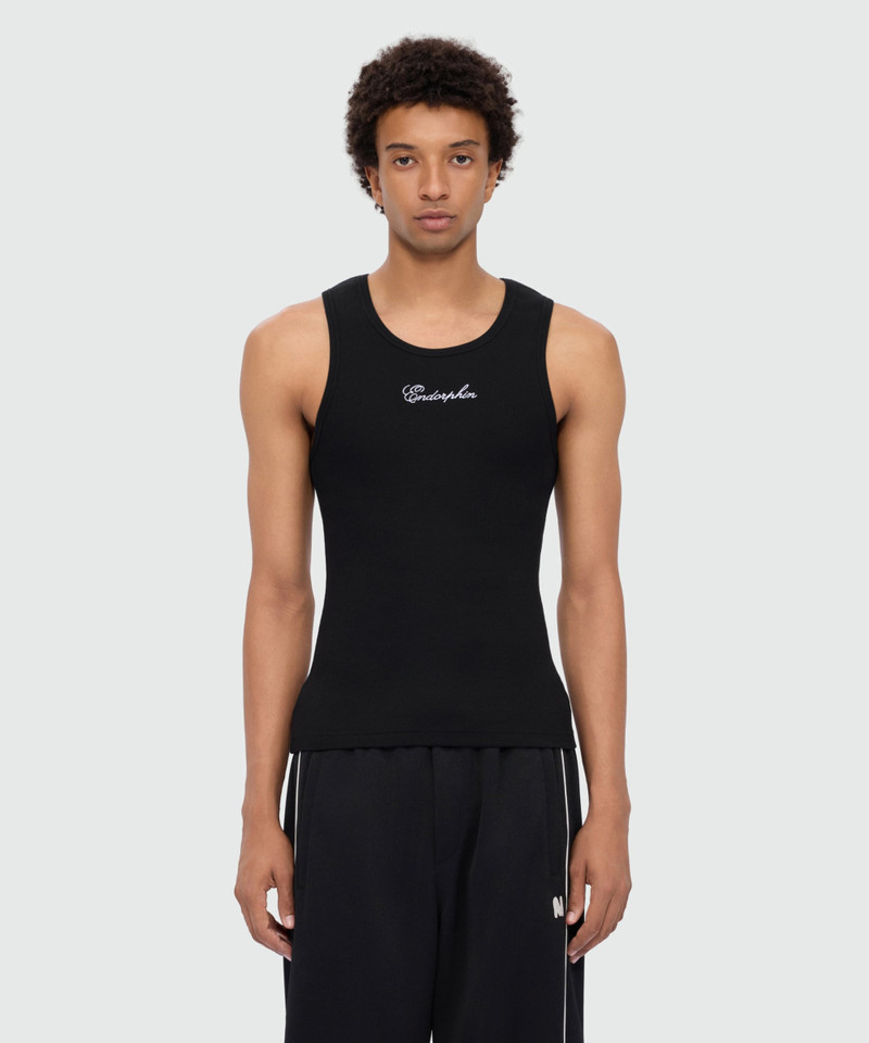 MSGM Black cotton ribbed tank top with front embroidery outlook