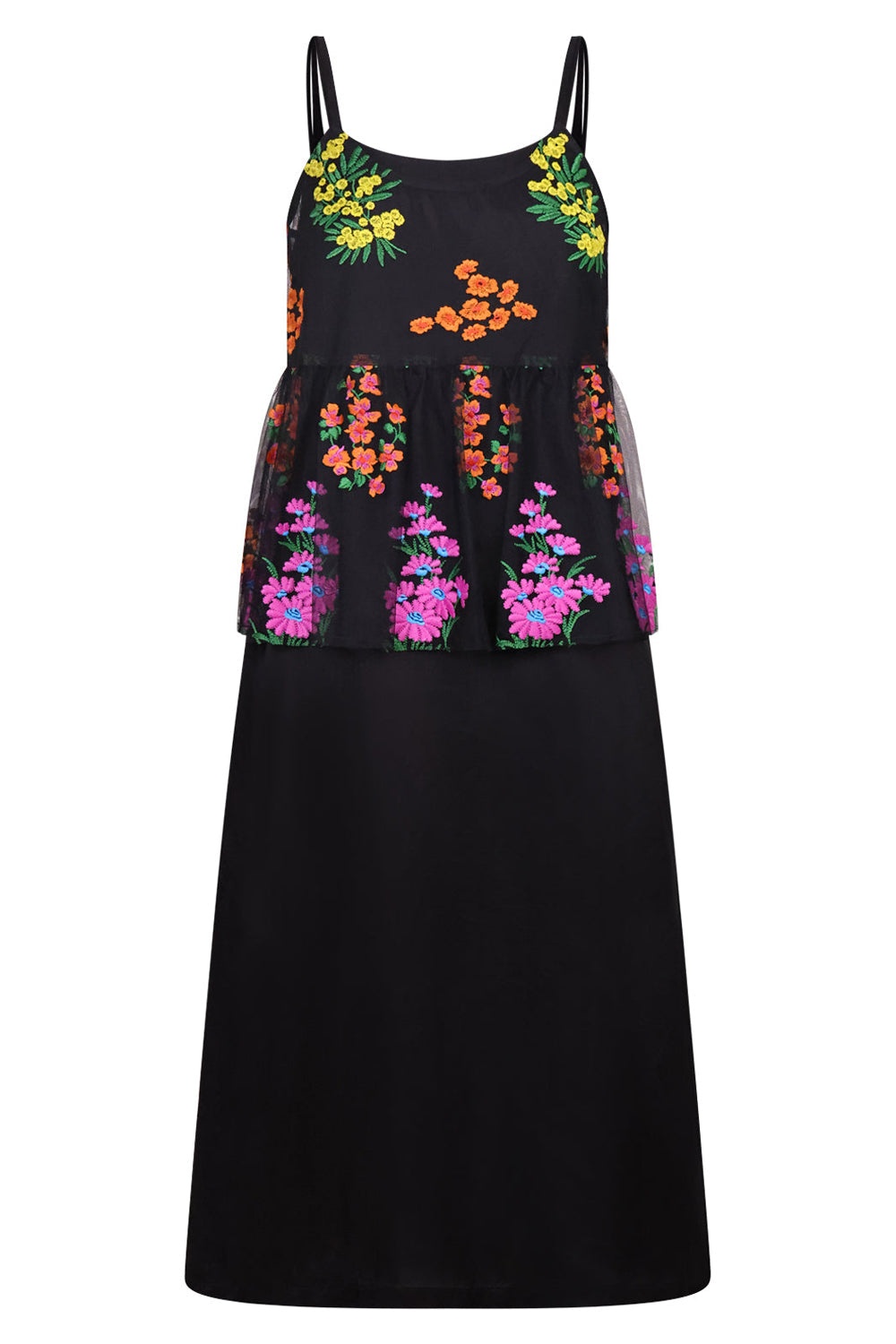 EMBROIDERED TULLE LAYER SINGLET DRESS | BLACK/MULTI BLACK - 1