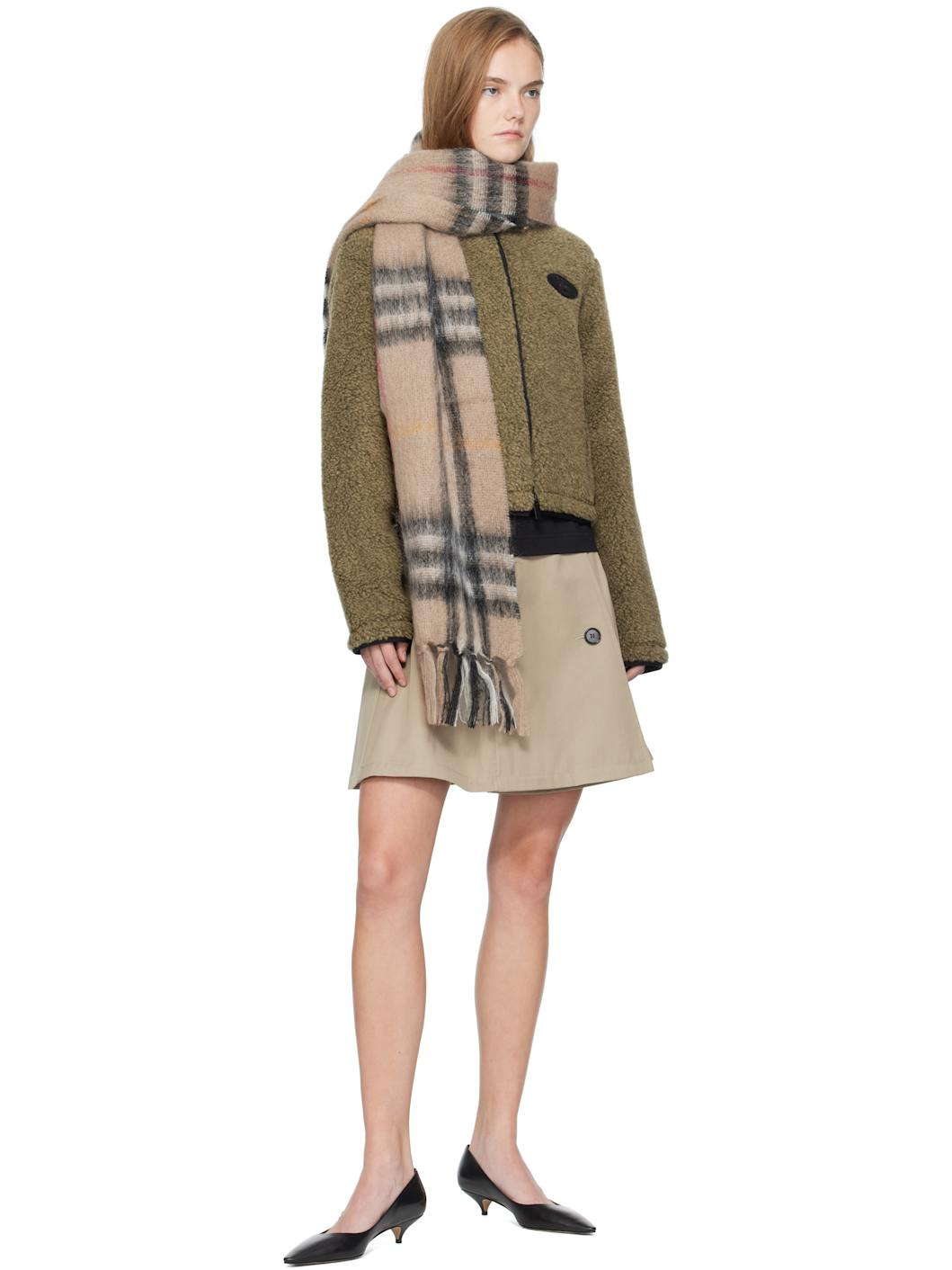 Beige Check Mohair Wool Scarf - 2