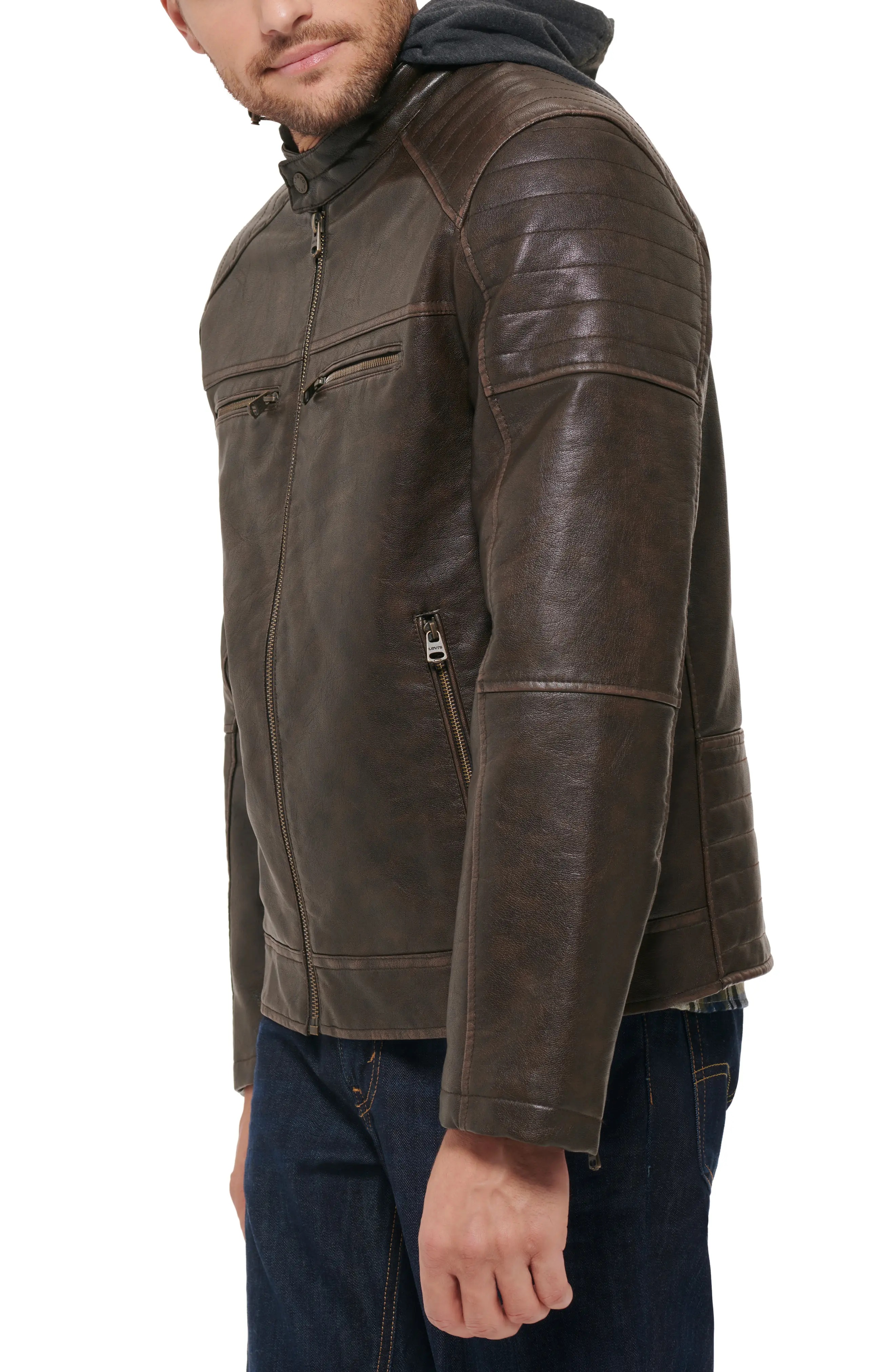 Faux Leather Hooded Moto Racer Jacket - 5