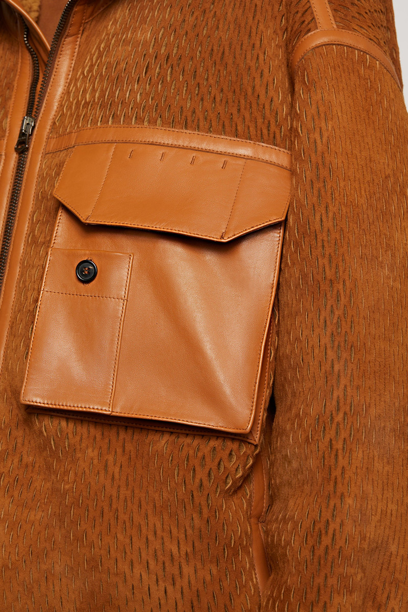 Laser-cut suede coat camel brown 7