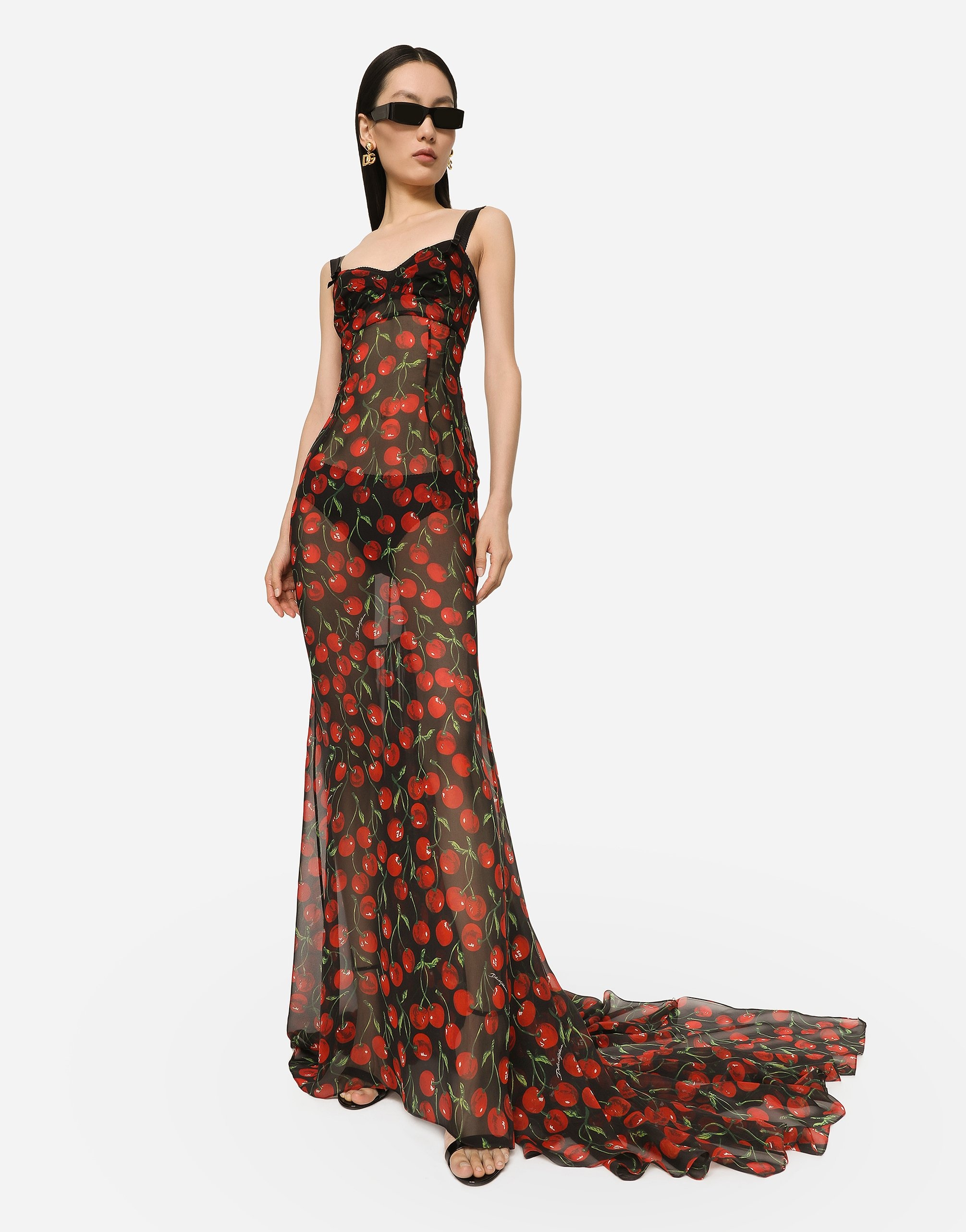 Long cherry-print chiffon dress with train - 2