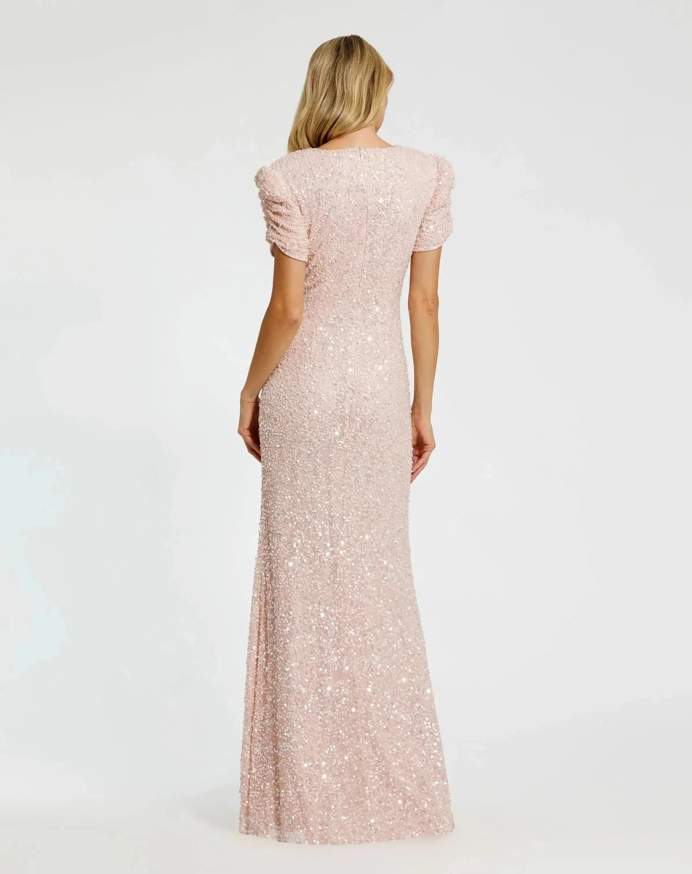 Blush Gathered Short Sleeve Embellished Gown - 1
