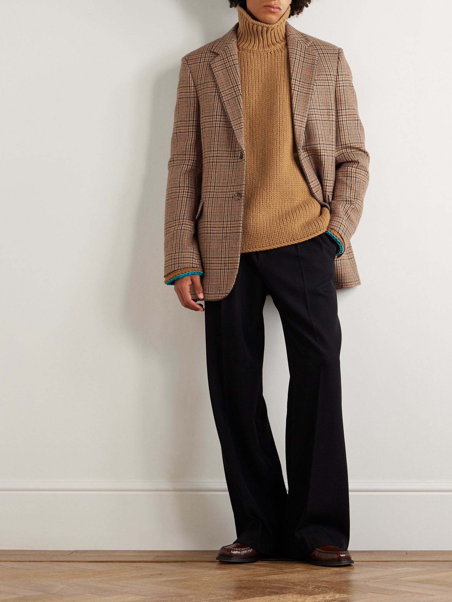 Suede-Trimmed Wool Rollneck Sweater Tan - 2