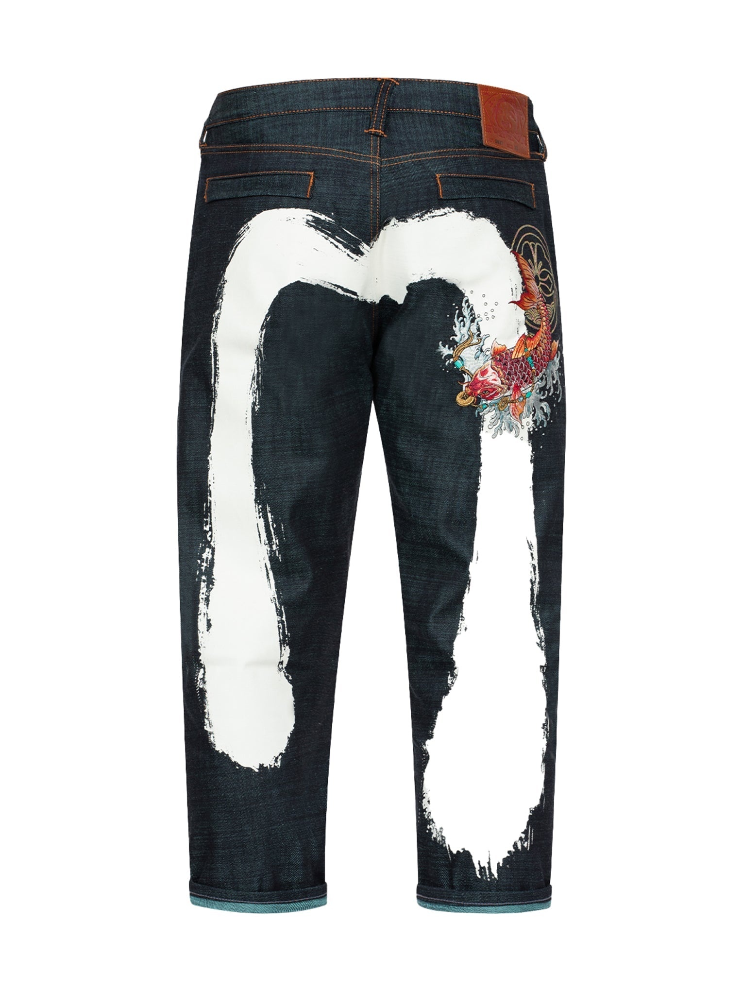 Koi Embroidery and Brushstroke Daicock Print Cropped Jeans #2027 - 13