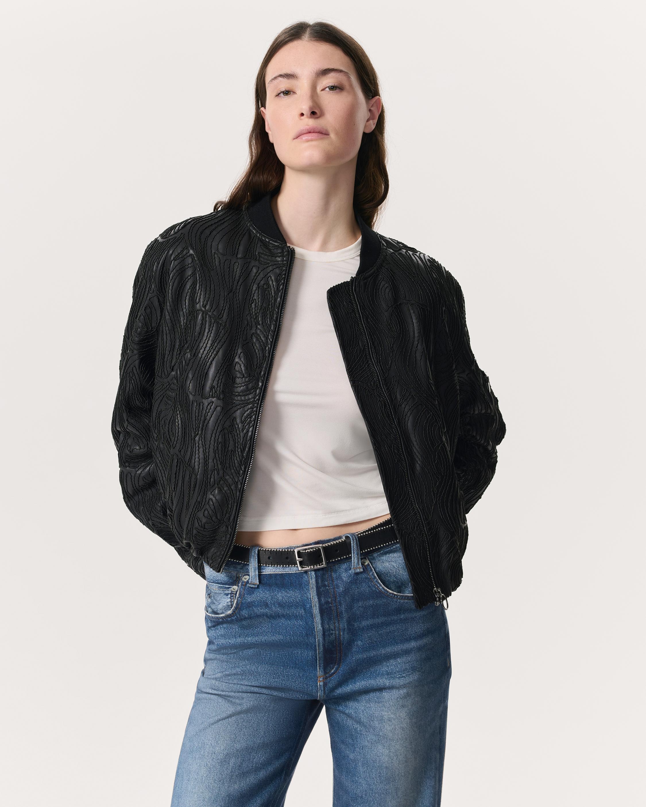 Jemma Embroidered Faux Leather Bomber Jacket - 2