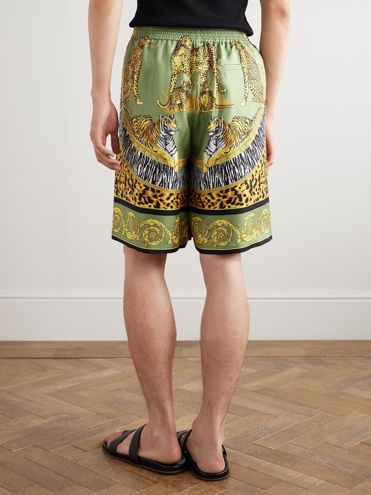 Straight-Leg Printed Silk-Twill Shorts Green - 4