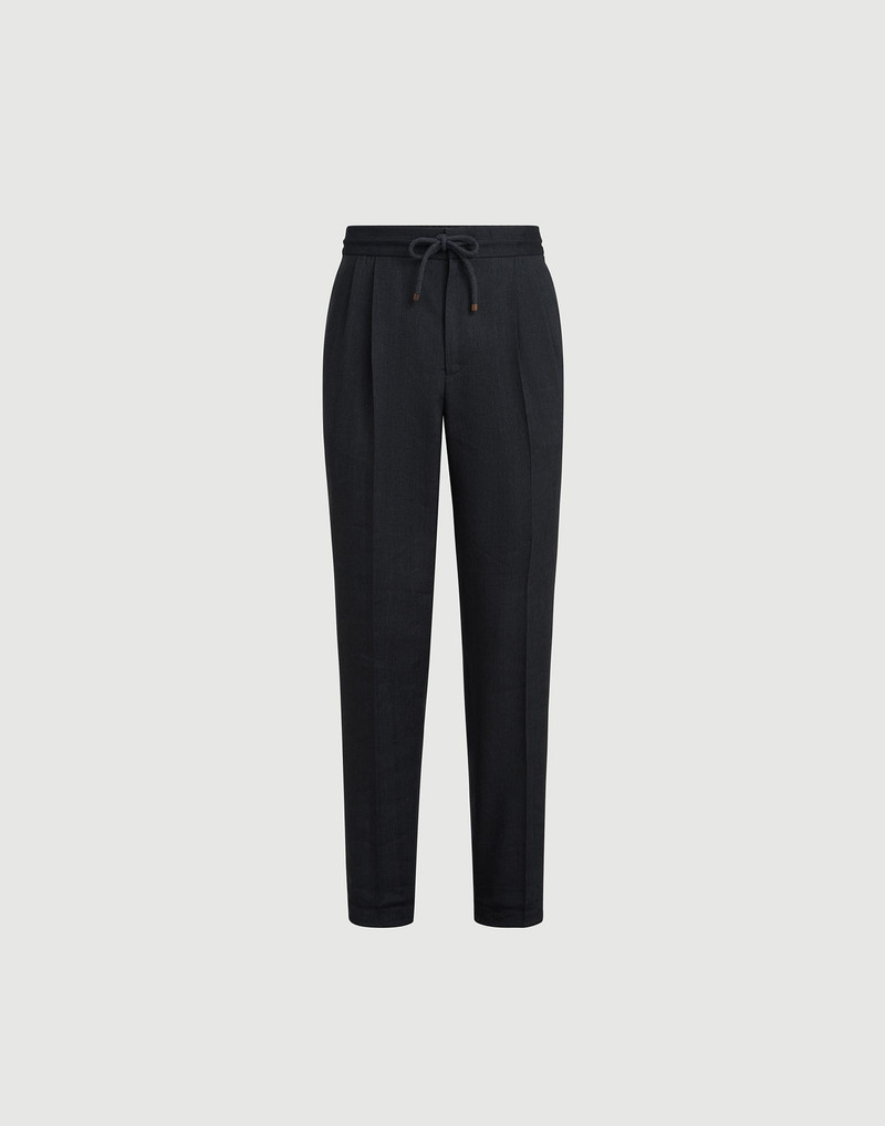 Linen and virgin wool chevron trousers with drawstring and double pleats 1