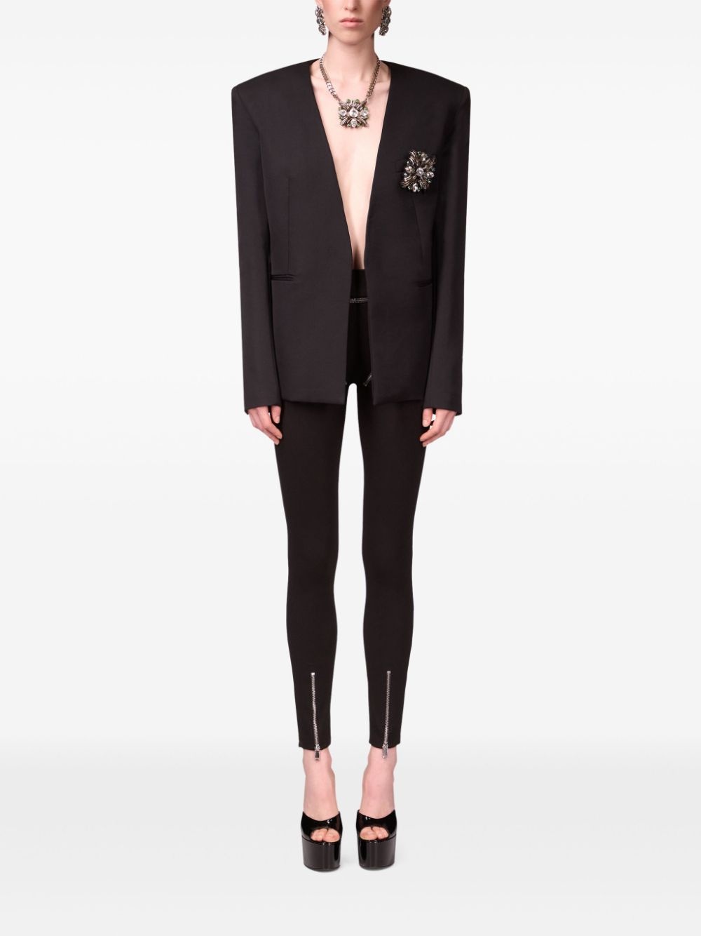crystal-brooch collarless blazer - 2