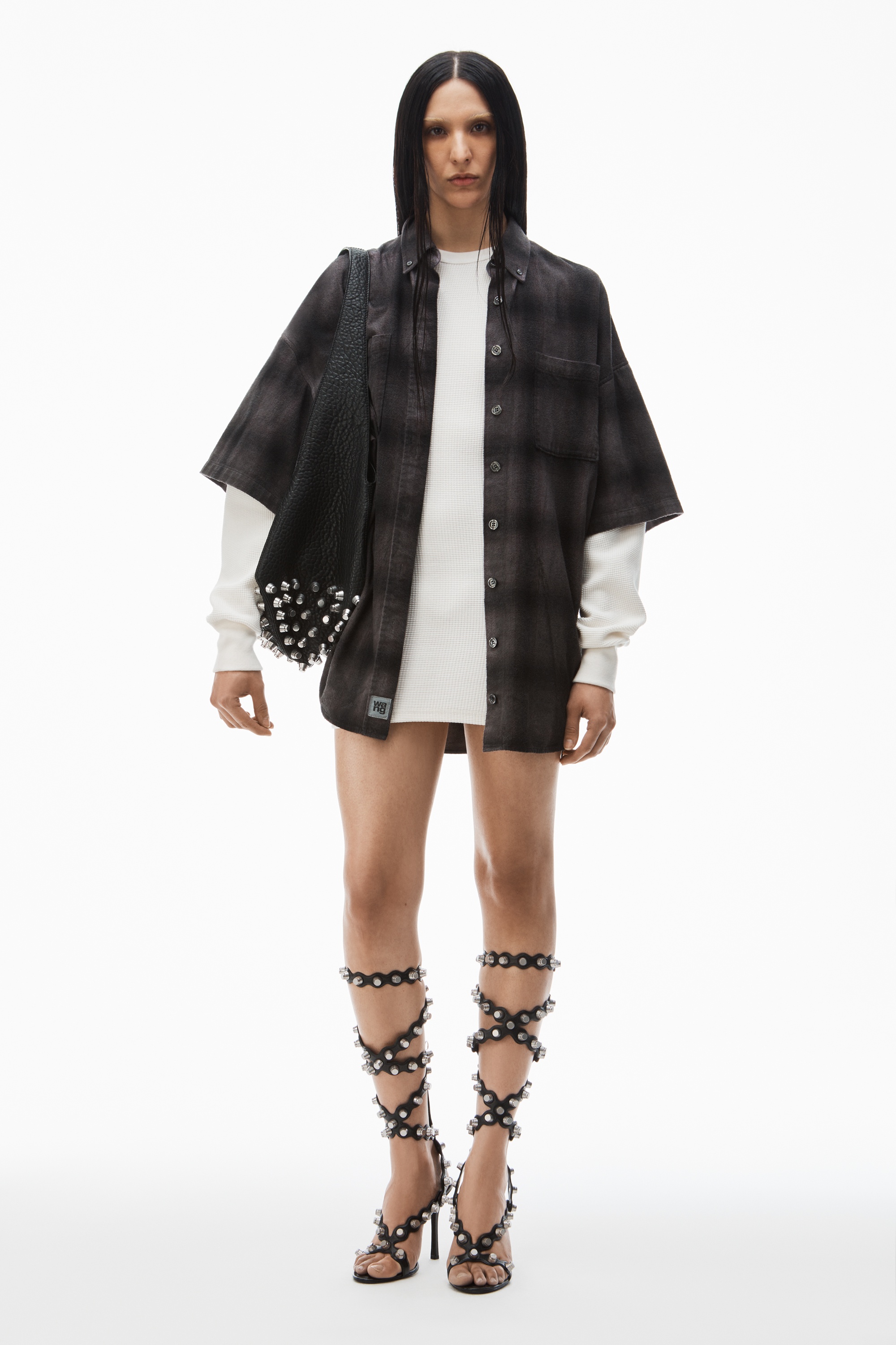pre-styled shadow plaid shirtdress - 2