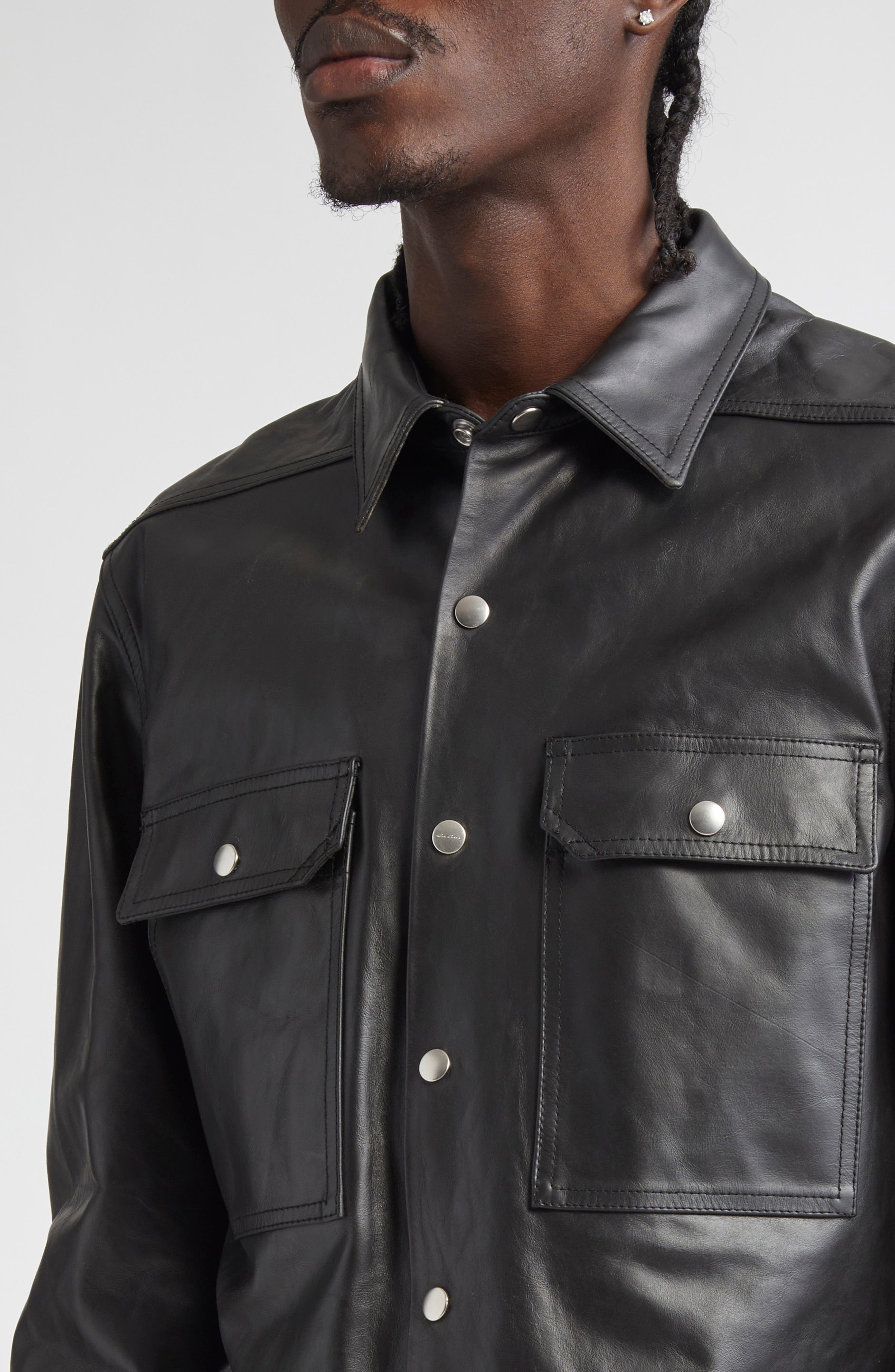 Rick Owens Leather Shirt Jacket in Black at Nordstrom - 5