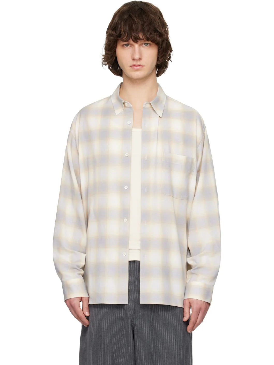 Yellow & Gray Wool Cotton Check Shirt - 1