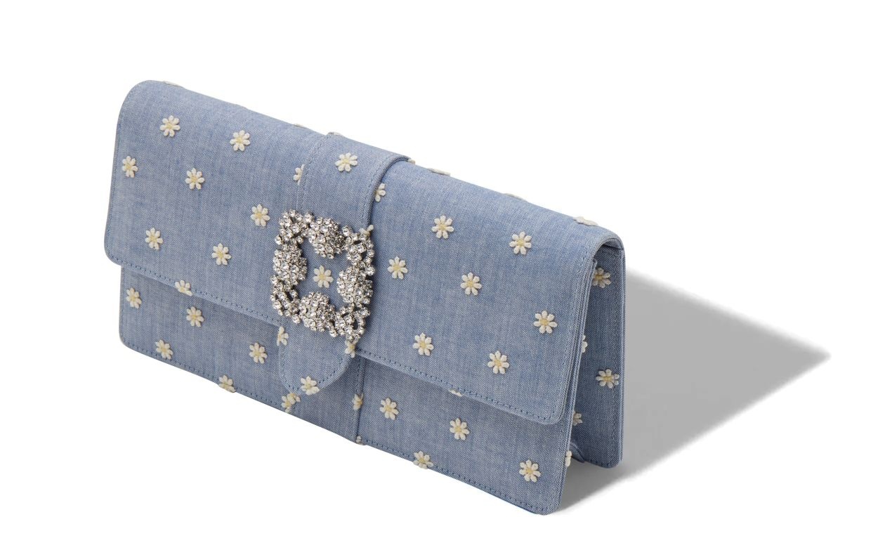 Blue and White Chambray Jewel Buckle Clutch - 2