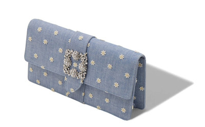 Manolo Blahnik Blue and White Chambray Jewel Buckle Clutch outlook