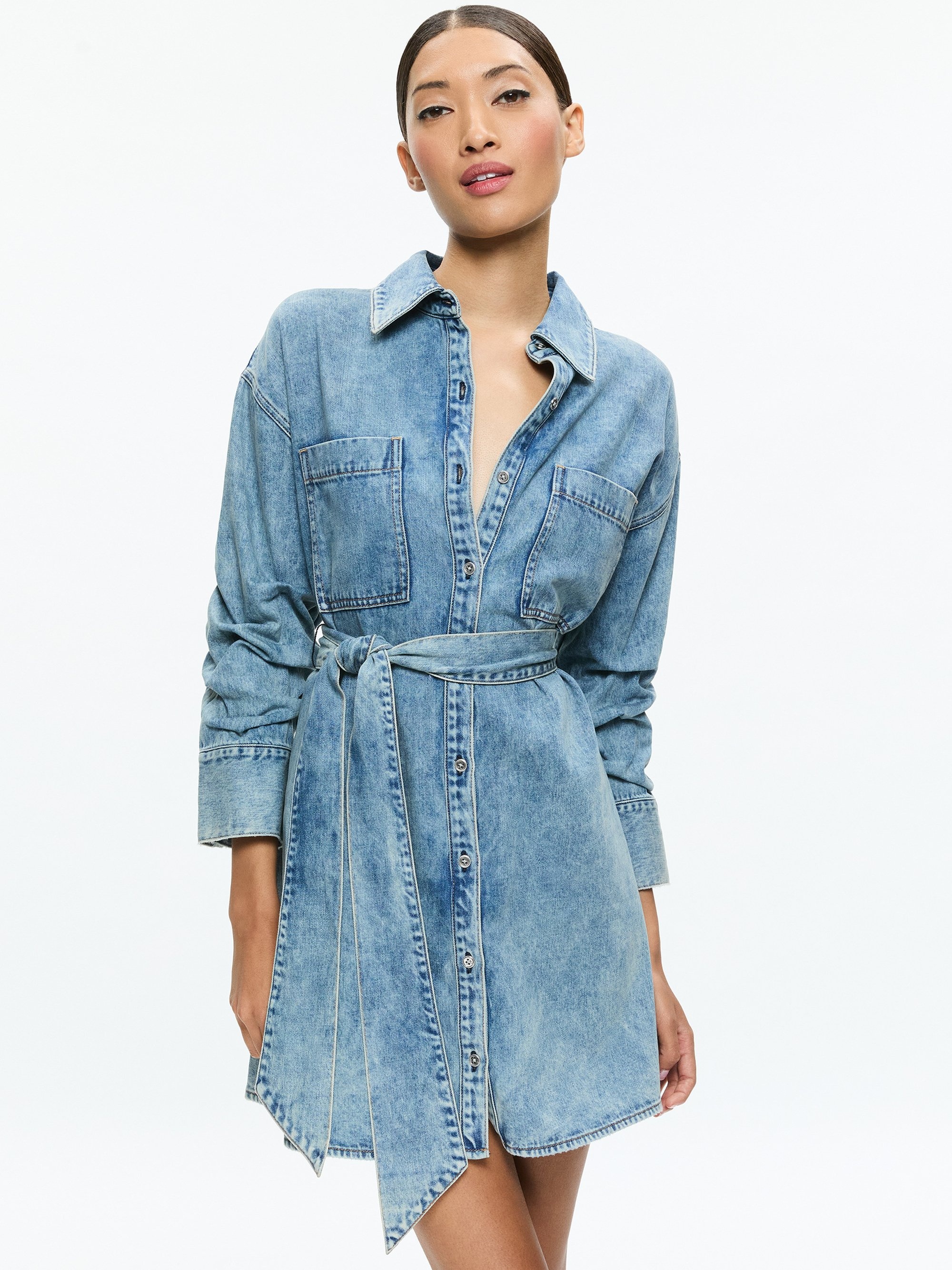 BRIGITA LONG SLEEVE DENIM MINI DRESS WITH TIE BELT - 5