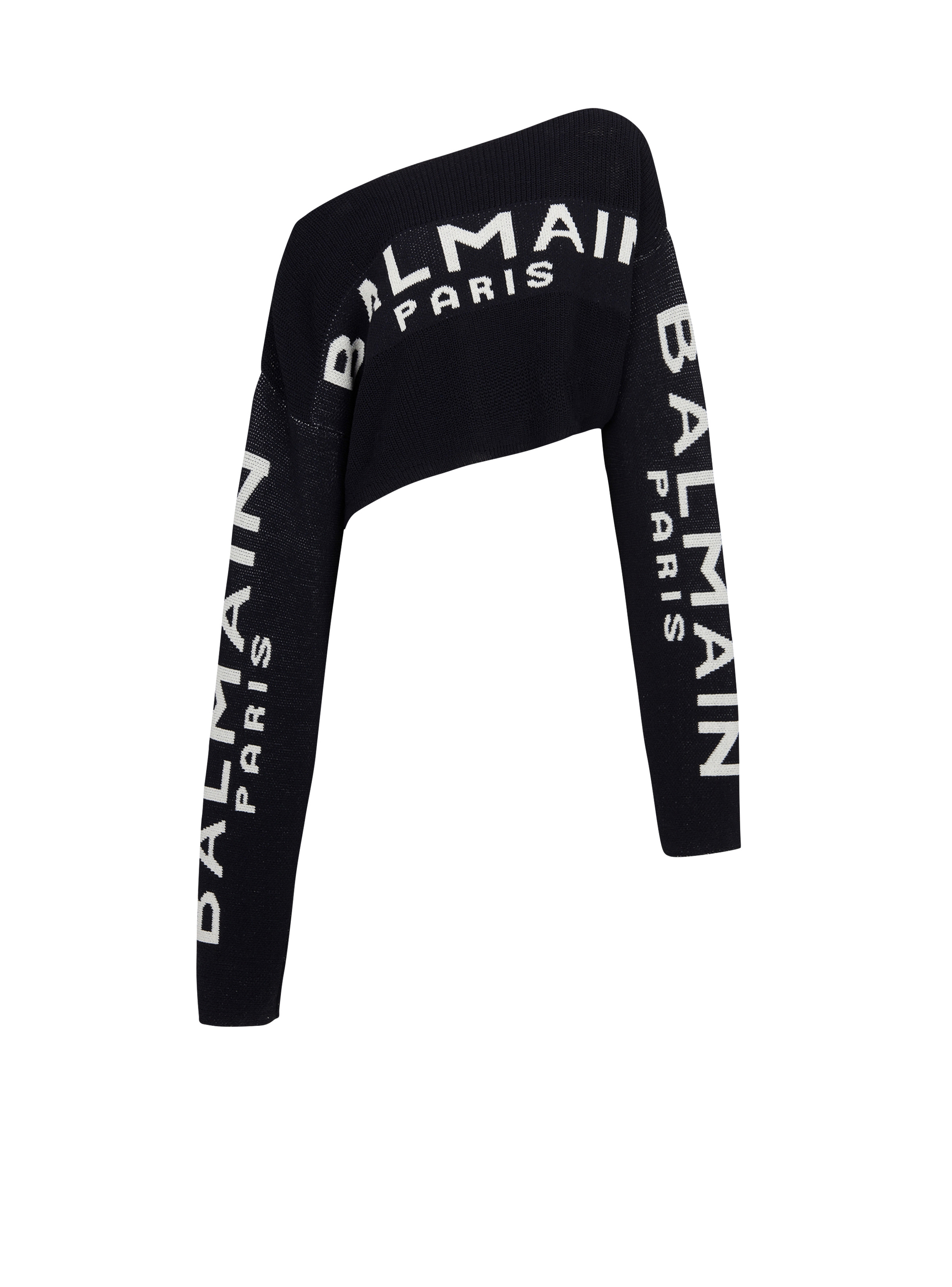Cropped knit sweater with graffiti Balmain logo print - 1
