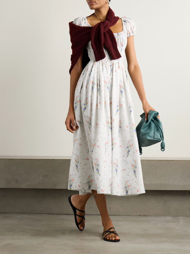 DÔEN Quinley shirred floral-print organic cotton midi dress Off-white outlook