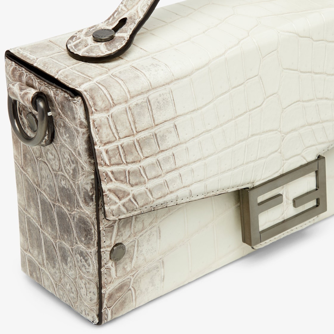 Small Baguette Soft Trunk made of exquisite crocodile leather in white with dark gray nuances. Flap  - 5