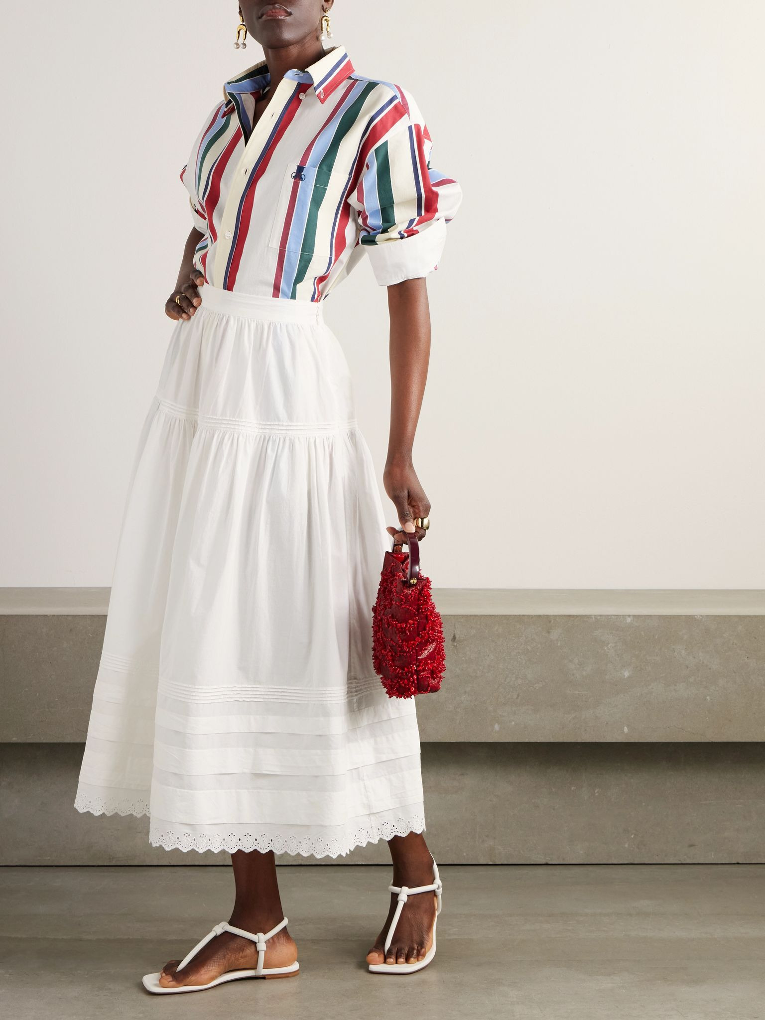 Sebastiane broderie anglaise-trimmed organic cotton-poplin midi skirt White - 2