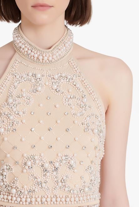 Embroidered light nude crop top - 6