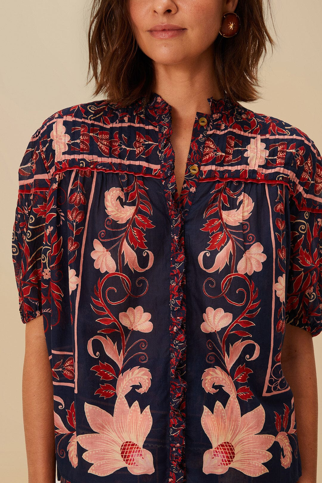 Boho Floral Scarf Navy Blue Blouse - 3
