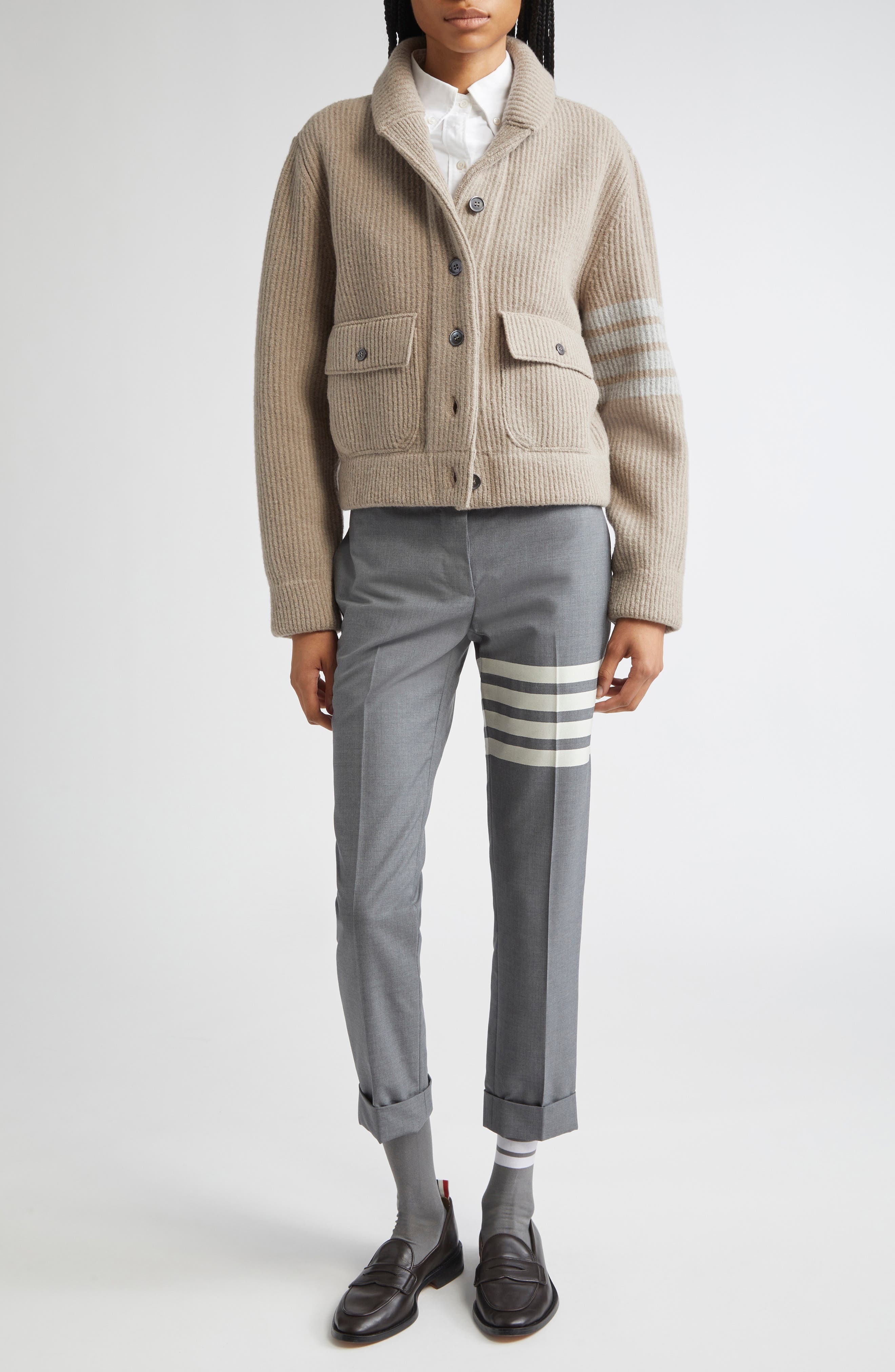 Thom Browne 4-Bar Rib Stitch Wool Blend Bomber Jacket in Medium Brown at Nordstrom - 2