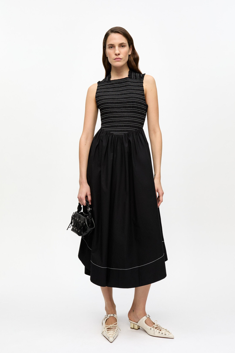 GANNI BLACK WASHED STRETCH COTTON SMOCK MIDI DRESS outlook