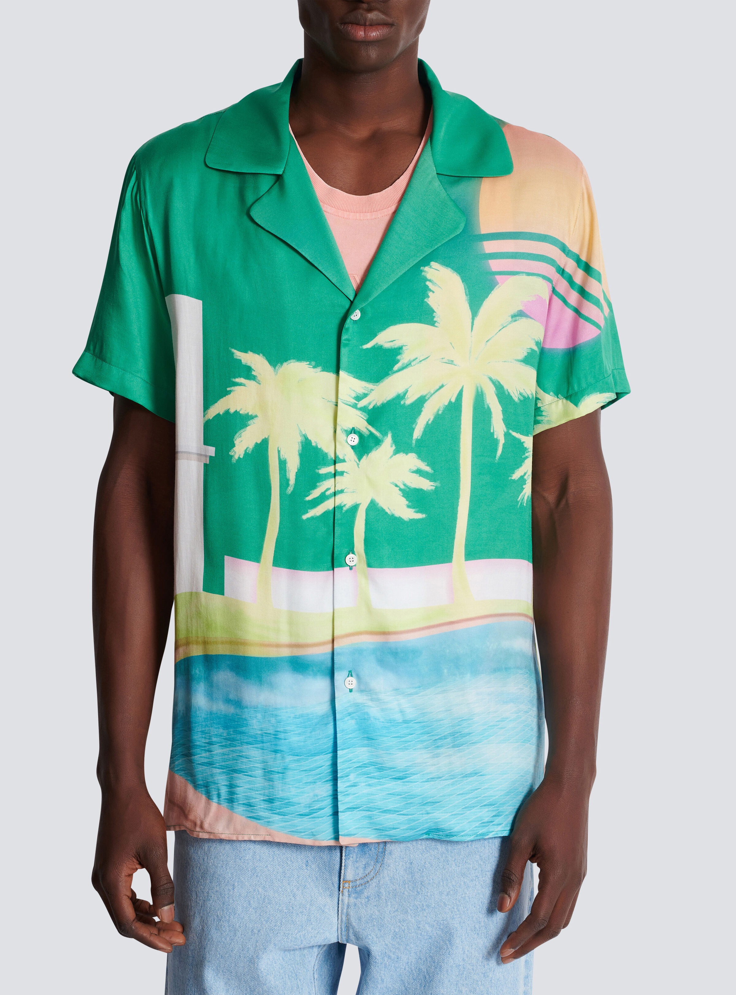 Short-sleeved twill pyjama shirt with palm tree print - 5