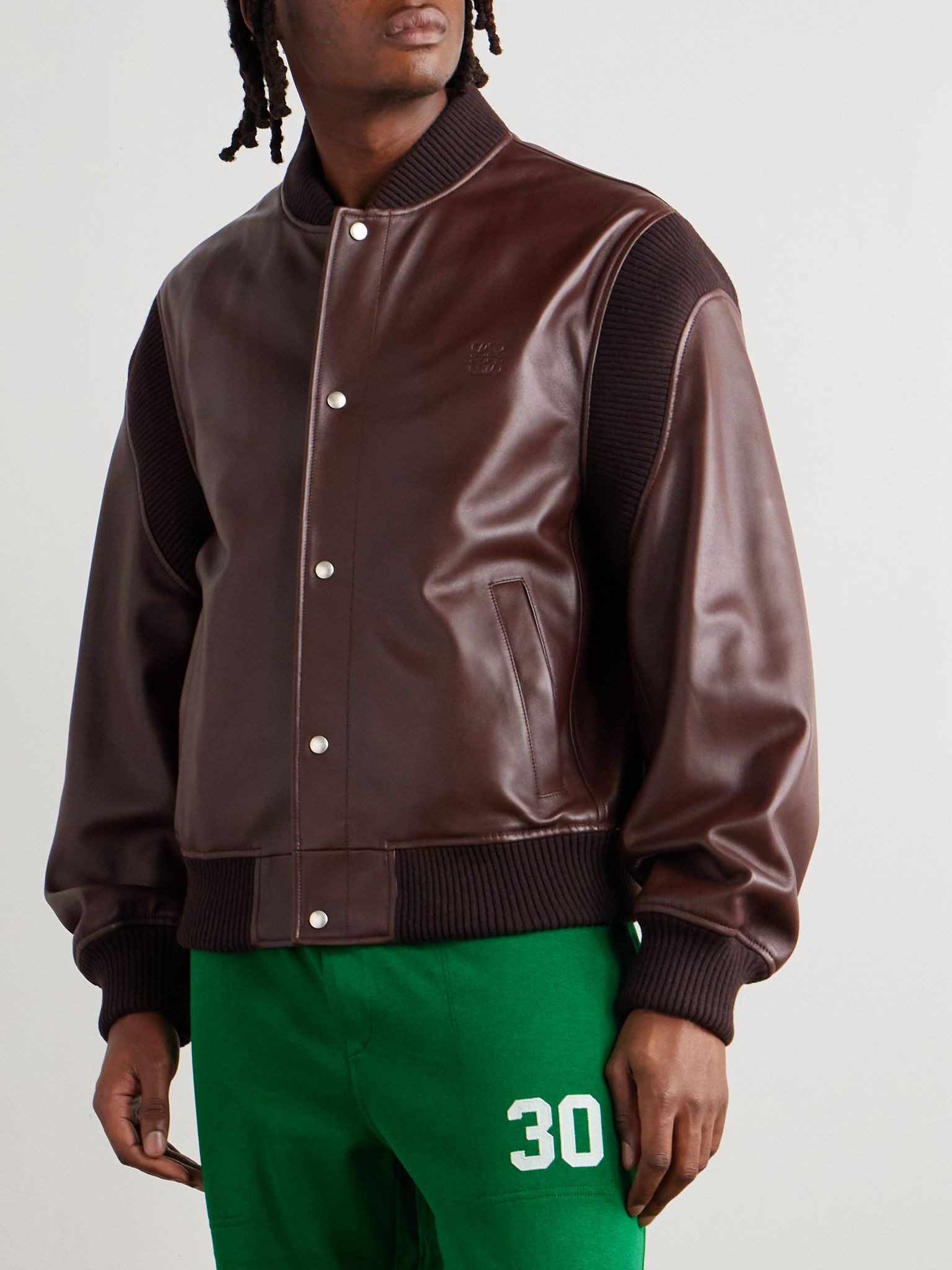 Logo-Debossed Ribbed-Knit Trimmed Leather Bomber Jacket Dark brown - 3