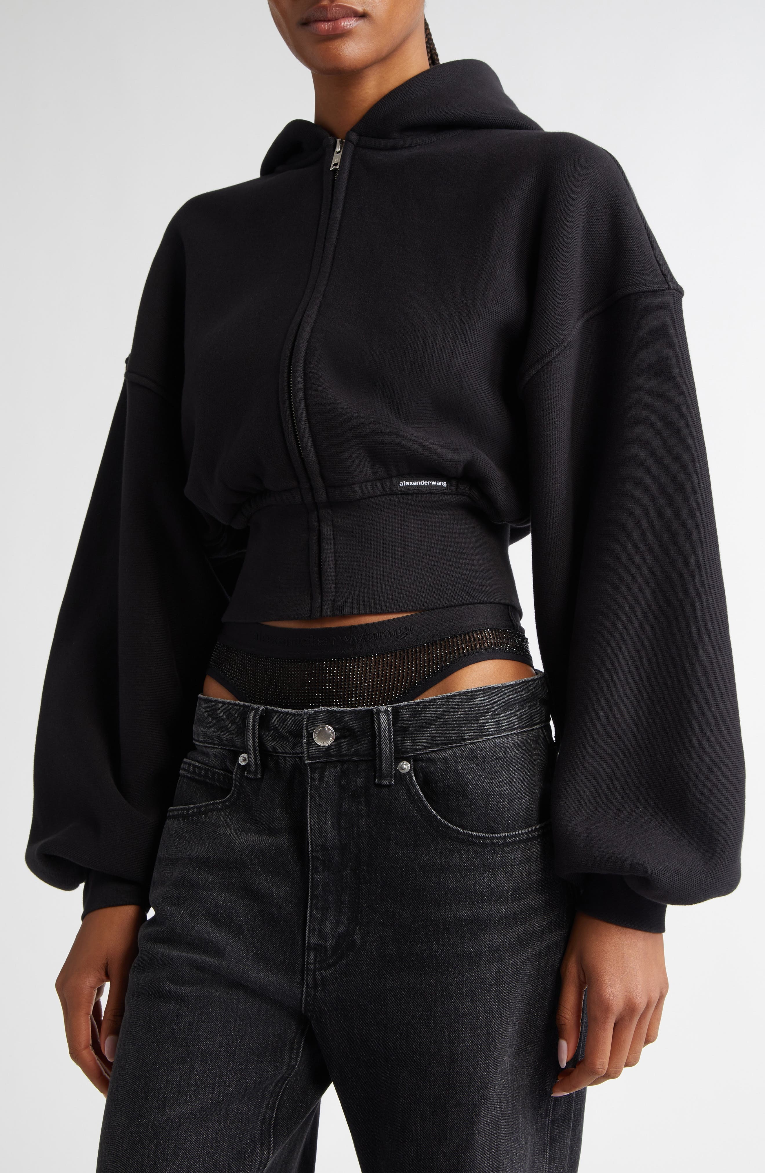 Alexander Wang Crop Front Zip Cotton Hoodie in 020A Faded Black at Nordstrom - 5