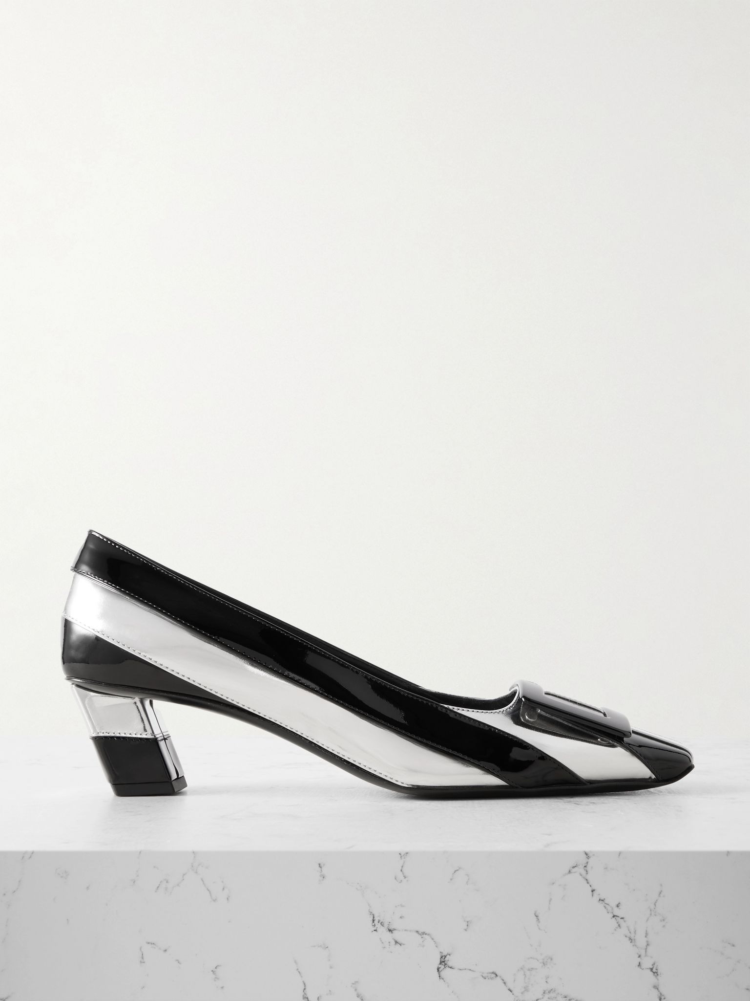 Belle Vivier 45 embellished striped metallic and patent-leather pumps Silver - 1