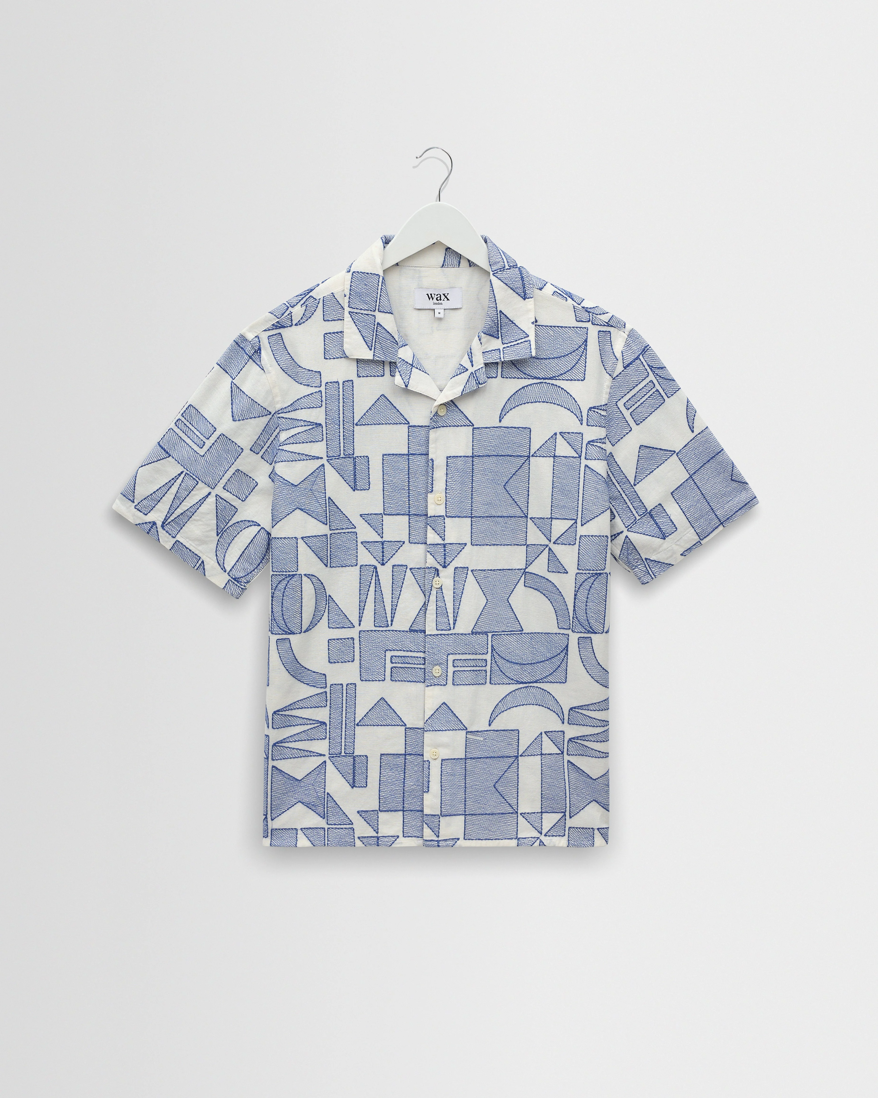 Didcot - Ecru And Blue Geometric Embroidered Short-Sleeve Shirt - 1