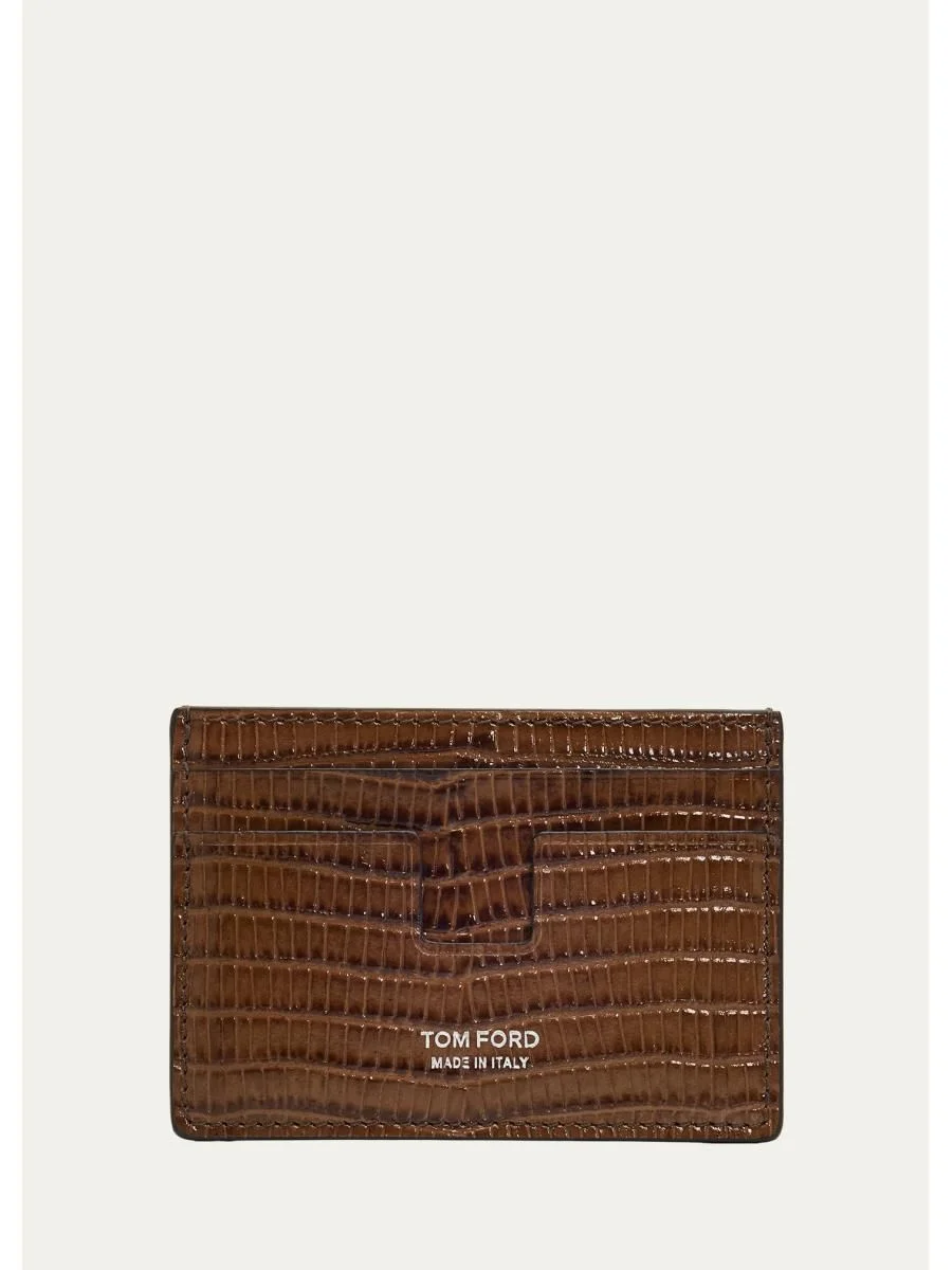 Men's Lizard-Effect Leather Money Clip Card Holder - 1