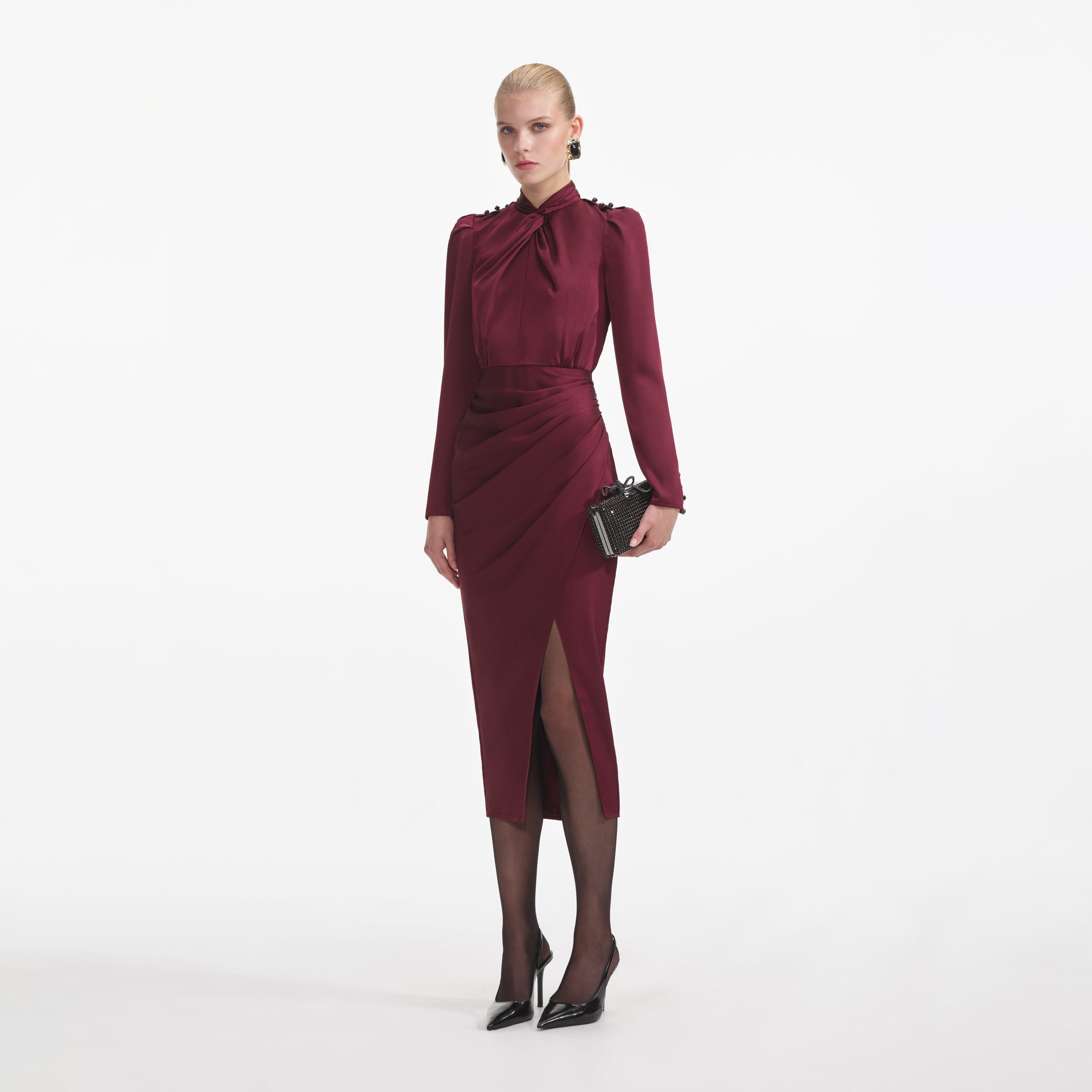 Bordeaux Satin Midi Dress - 2
