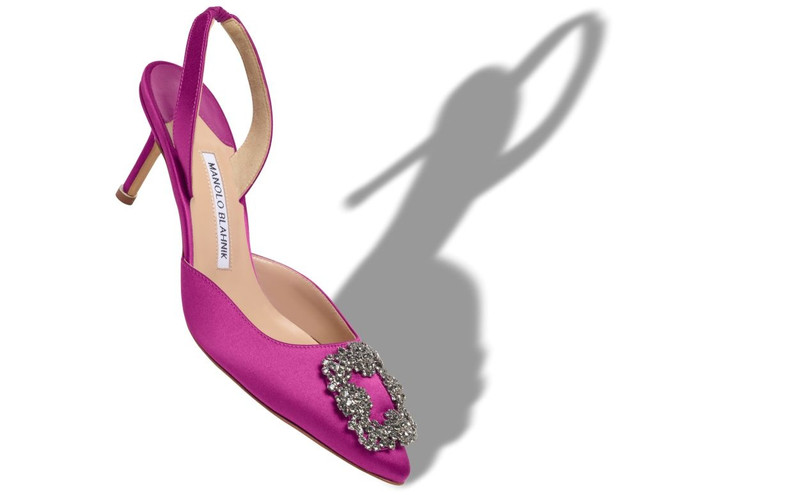 Manolo Blahnik Pink Satin Jewel Buckle Slingback Pumps outlook