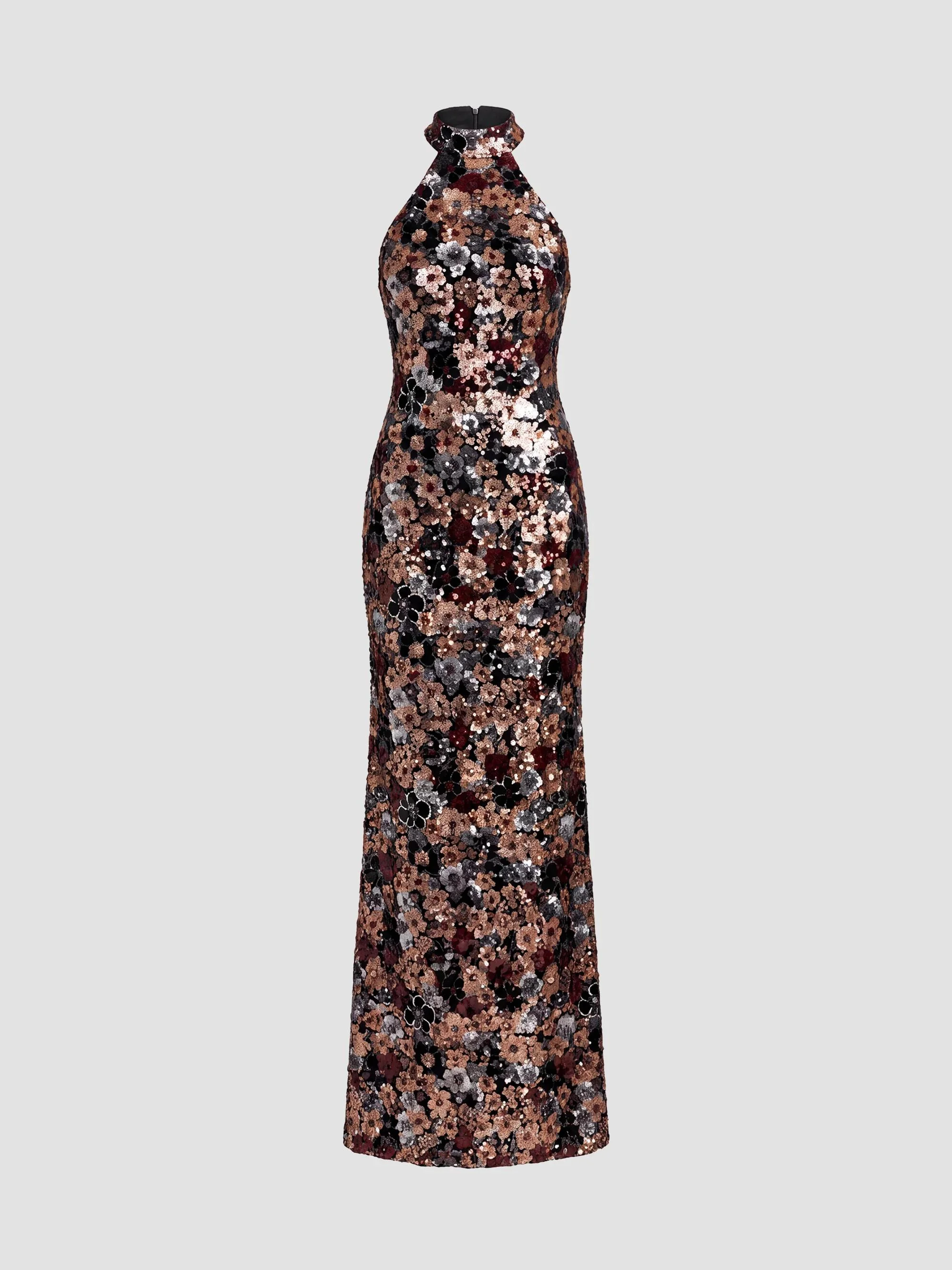 Women's Sequined Column Gown - Black Gold - 1