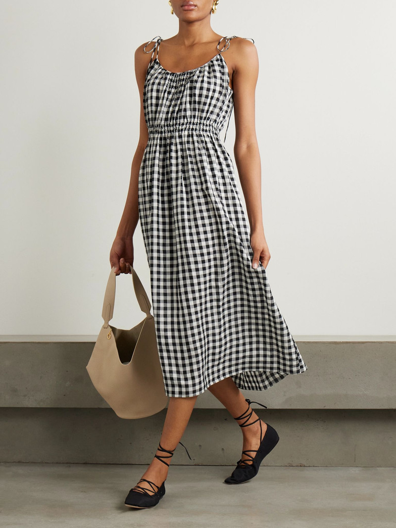 DÔEN Leslie tie-detailed smocked gingham voile midi dress Black outlook